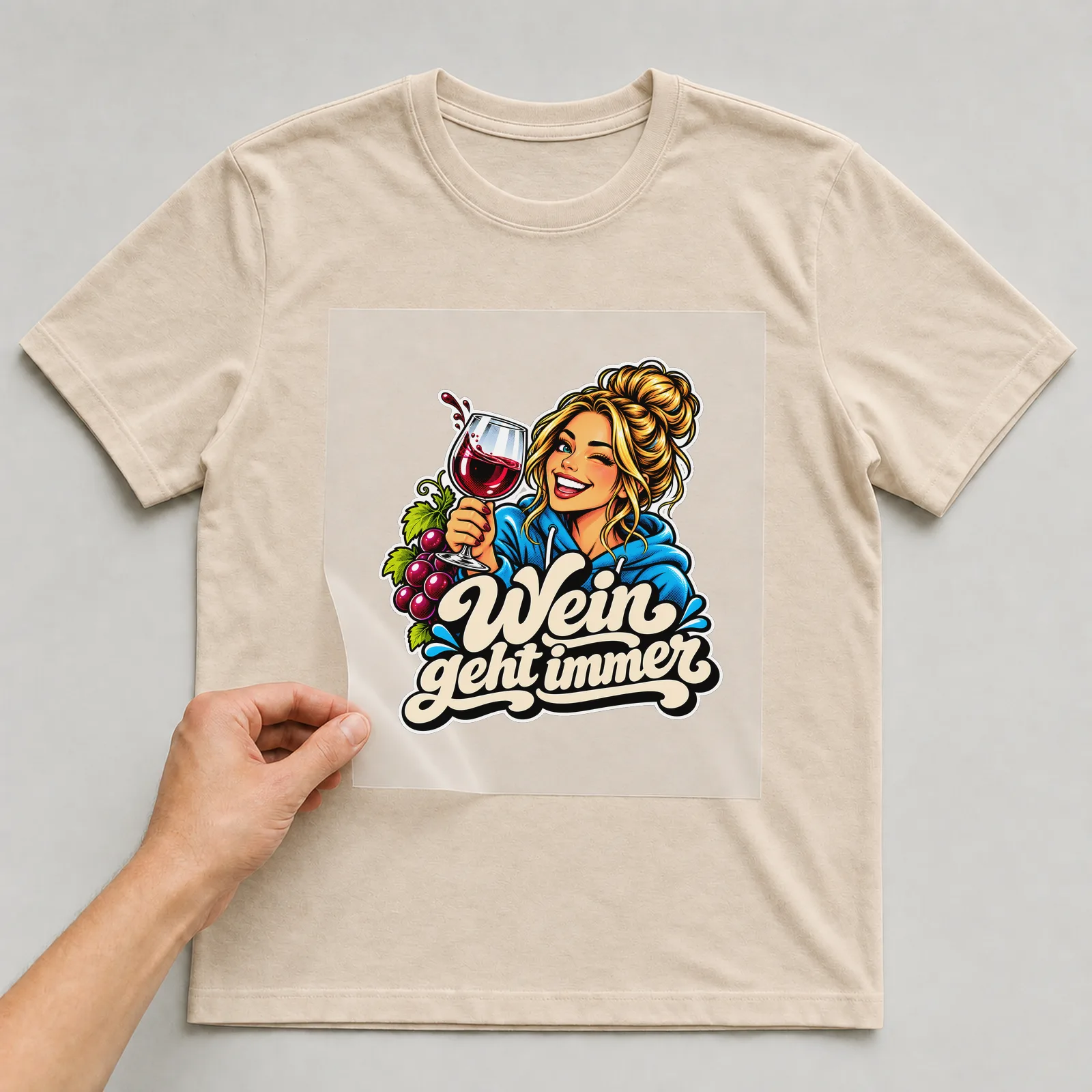 Bügelbild „Wein geht immer“ (Street-Sticker-Stil) auf beigem T-Shirt, Folie wird aufgelegt