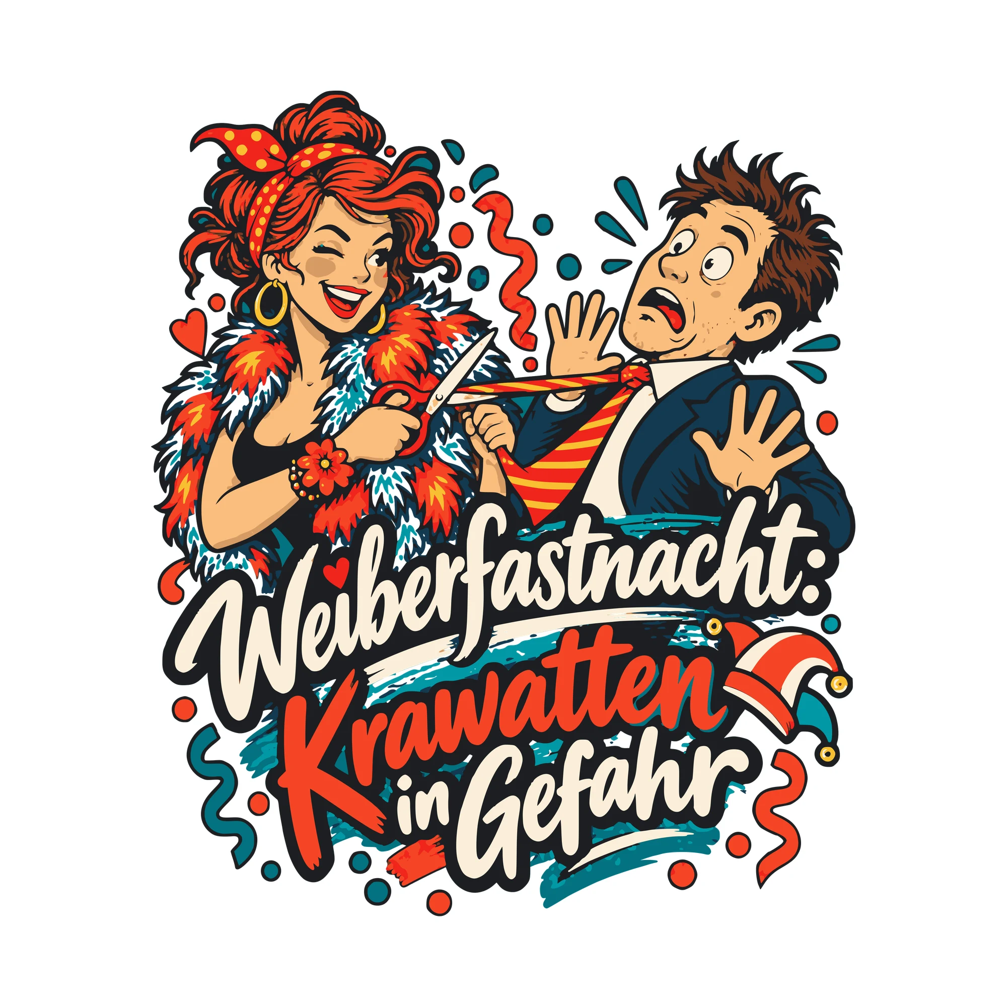 Bügelbild Weiberfastnacht: Krawatten in Gefahr als Grafik auf weißem Hintergrund (BB011187)
