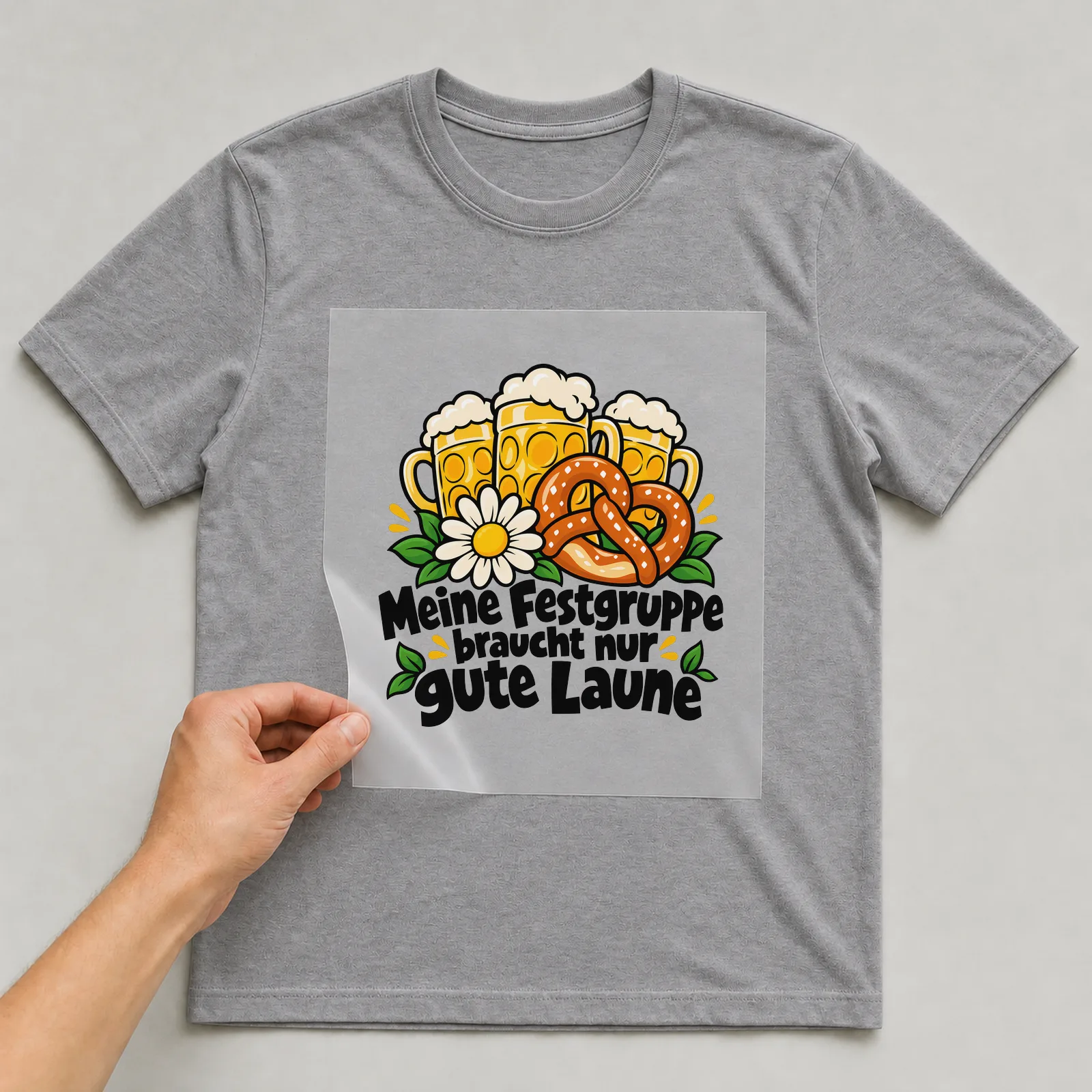 Bügelbild „Meine Festgruppe braucht nur gute Laune“ auf grauem T-Shirt, Folie wird aufgelegt
