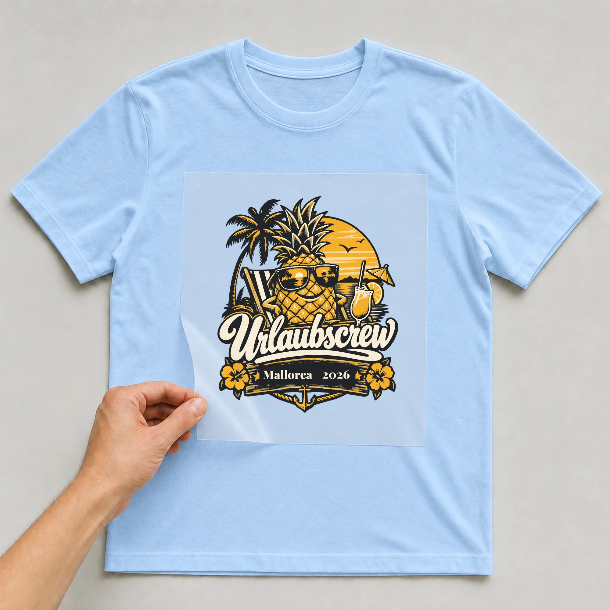 Bügelbild Urlaubscrew mit Ort und Jahr auf hellblauem T-Shirt, Folie wird aufgelegt