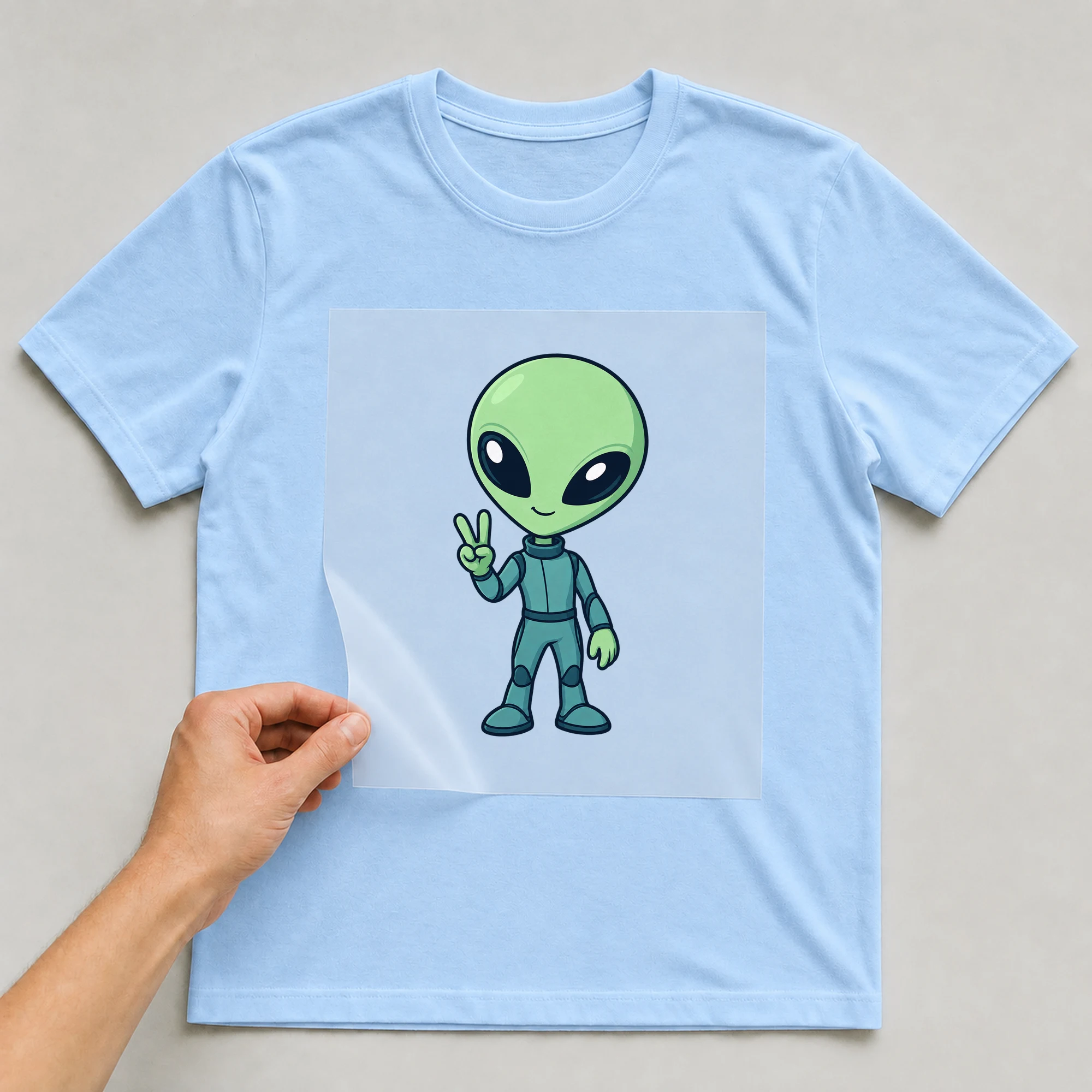 Bügelbild „Alien Peace Zeichen“ auf babyblauem T-Shirt, Folie wird aufgelegt