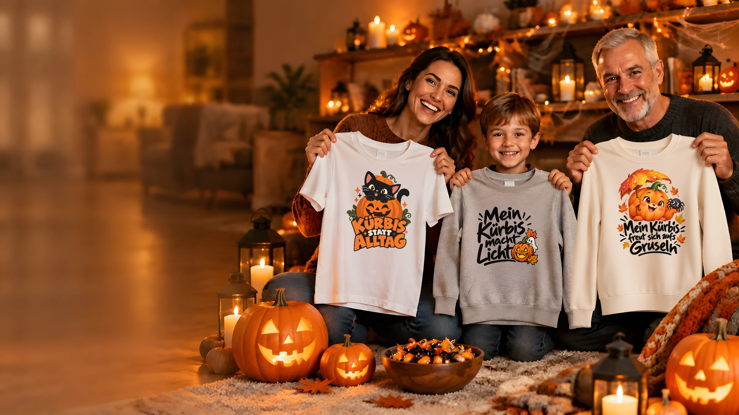 Familie hält drei Shirts mit Halloween-Bügelbildern zwischen Kürbissen und Kerzen