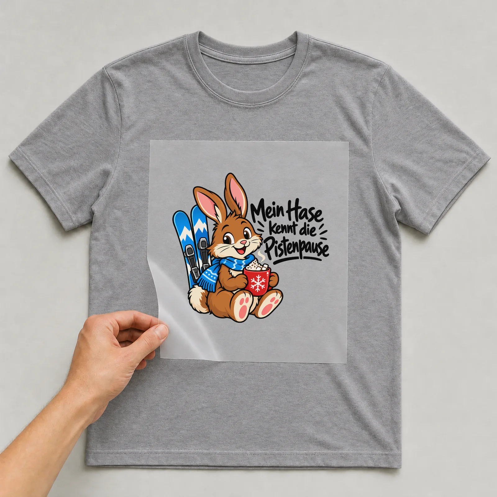 Bügelbild „Mein Hase kennt die Pistenpause“ auf grauem T-Shirt, Folie wird aufgelegt