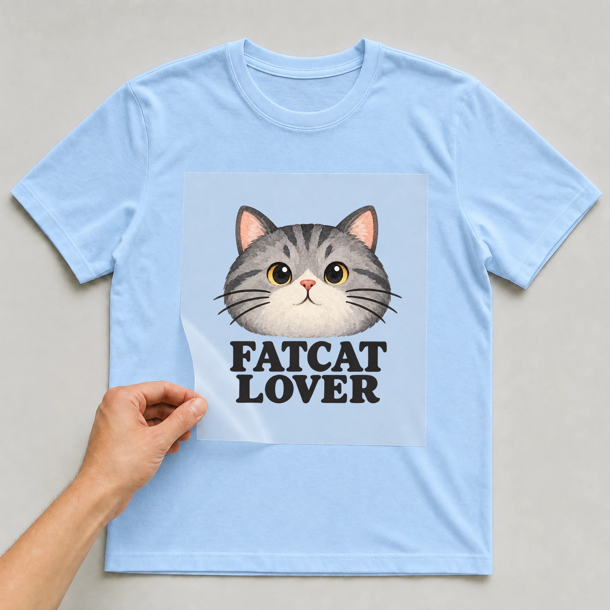 Bügelbild „Fatcat Lover“ auf babyblauem T-Shirt, Folie wird aufgelegt