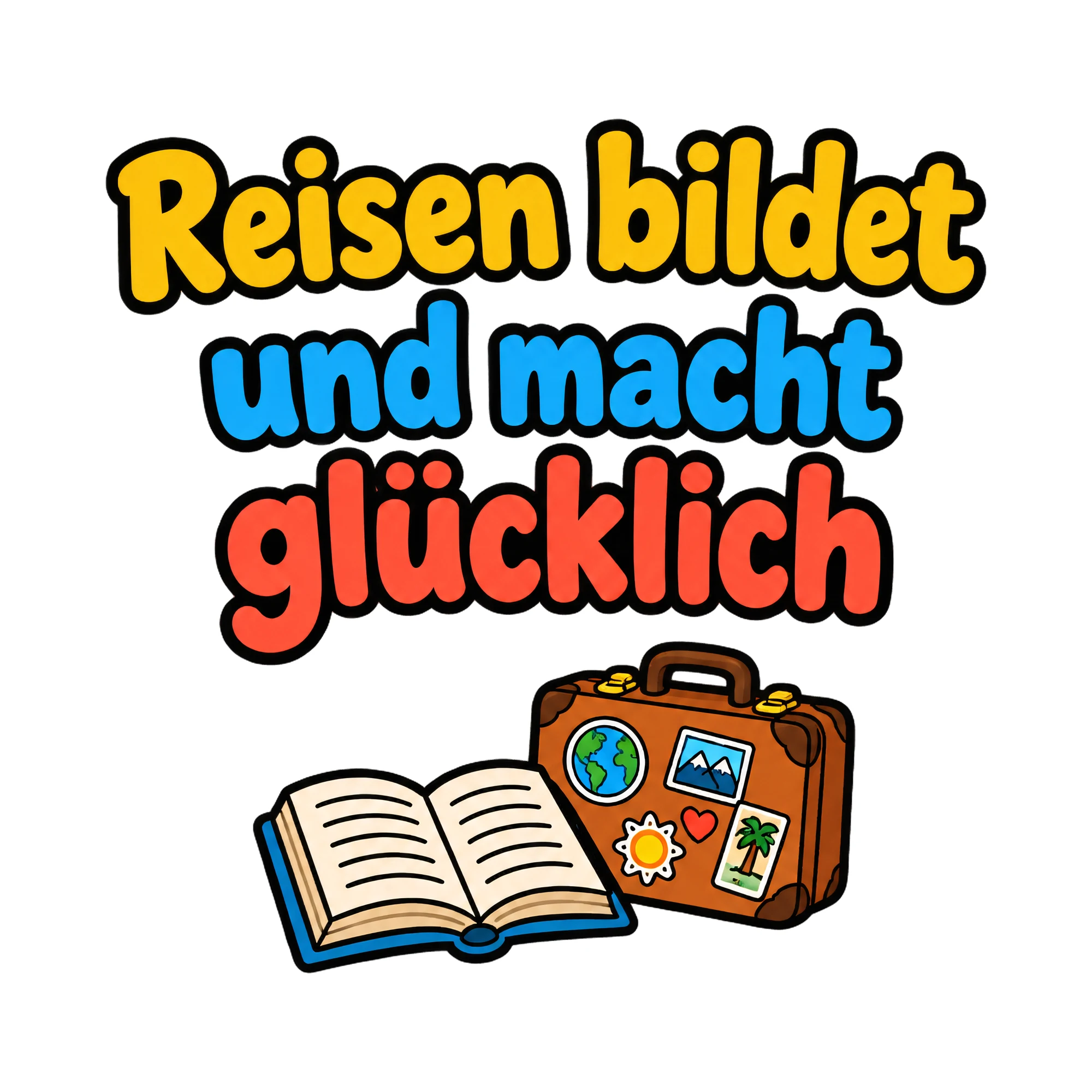 Bügelbild Reisen bildet und macht glücklich als Grafik auf weißem Hintergrund (BB018446)