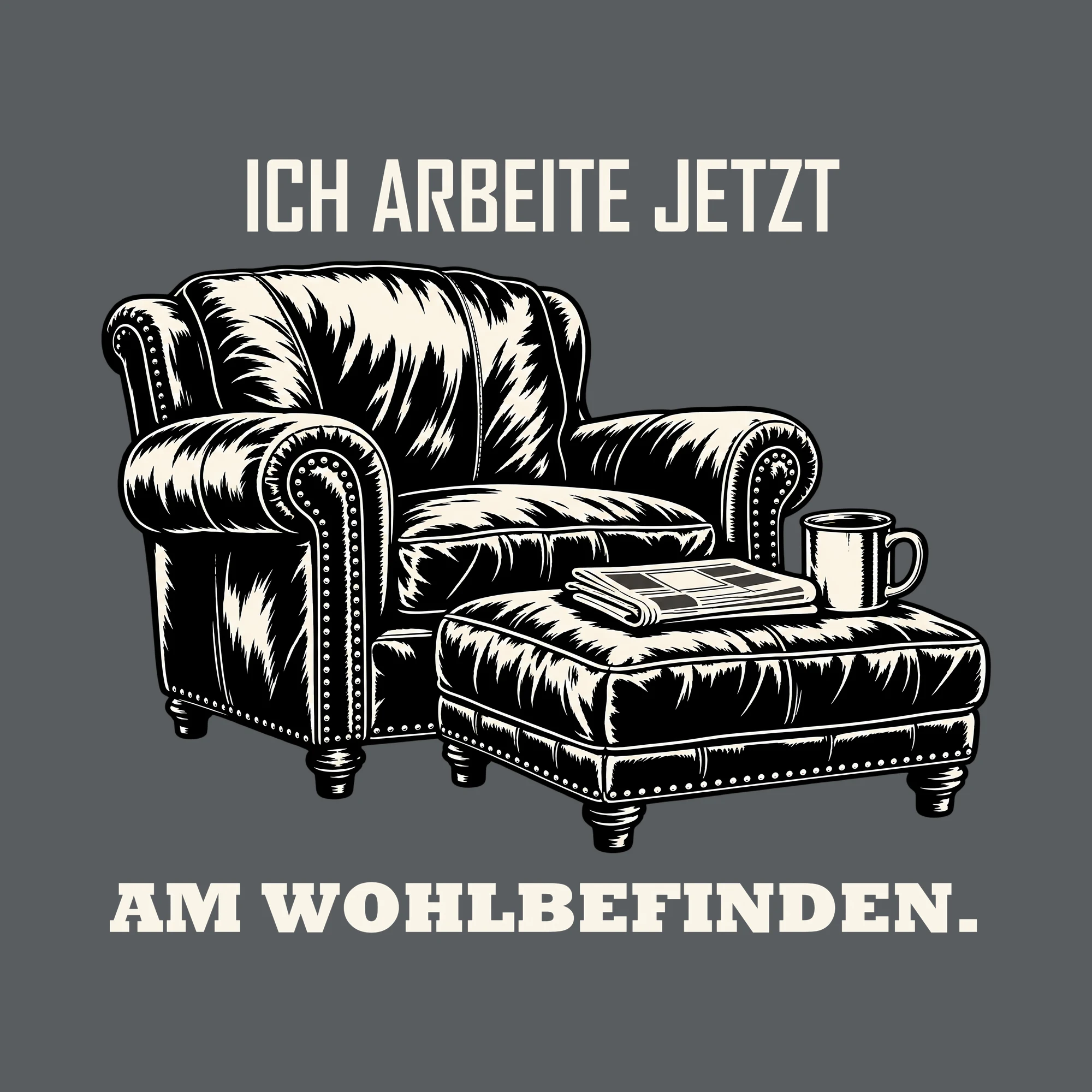 Bügelbild ICH ARBEITE JETZT AM WOHLBEFINDEN. als Grafik auf dunklem Hintergrund (BB011534)