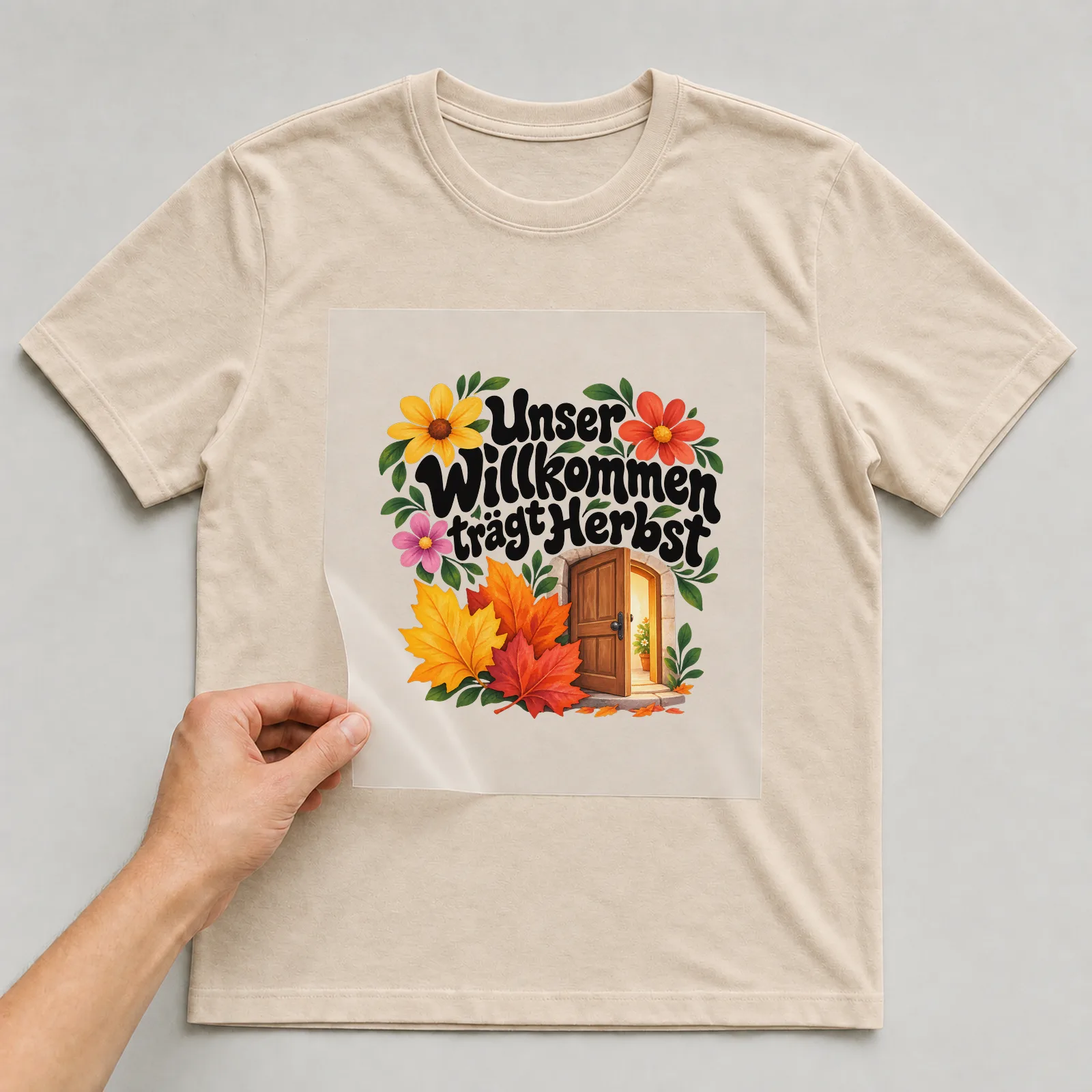 Bügelbild „Unser Willkommen trägt Herbst“ auf beigem T-Shirt, Folie wird aufgelegt