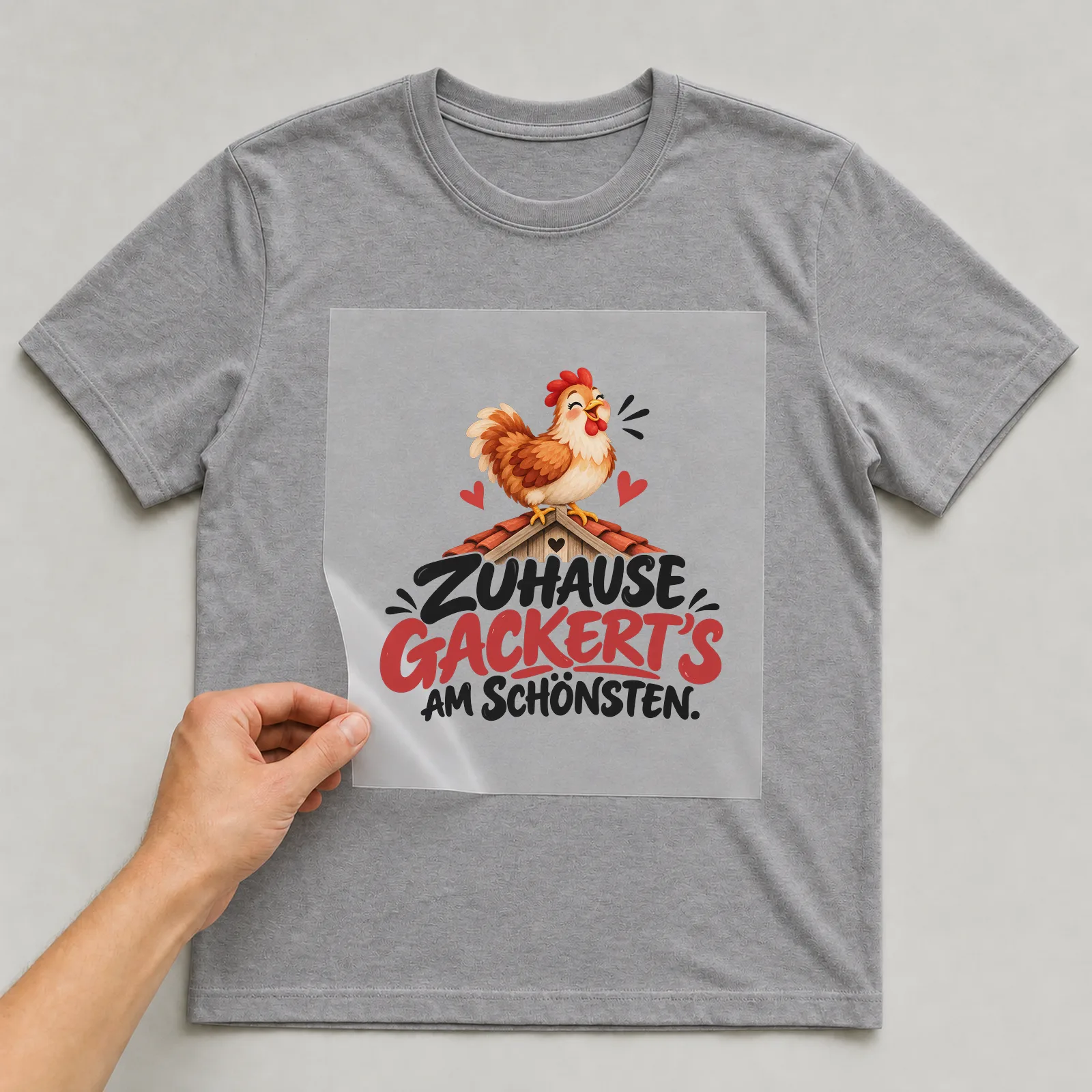 Bügelbild „Zuhause gackert's am Schönsten“ auf grauem T-Shirt, Folie wird aufgelegt