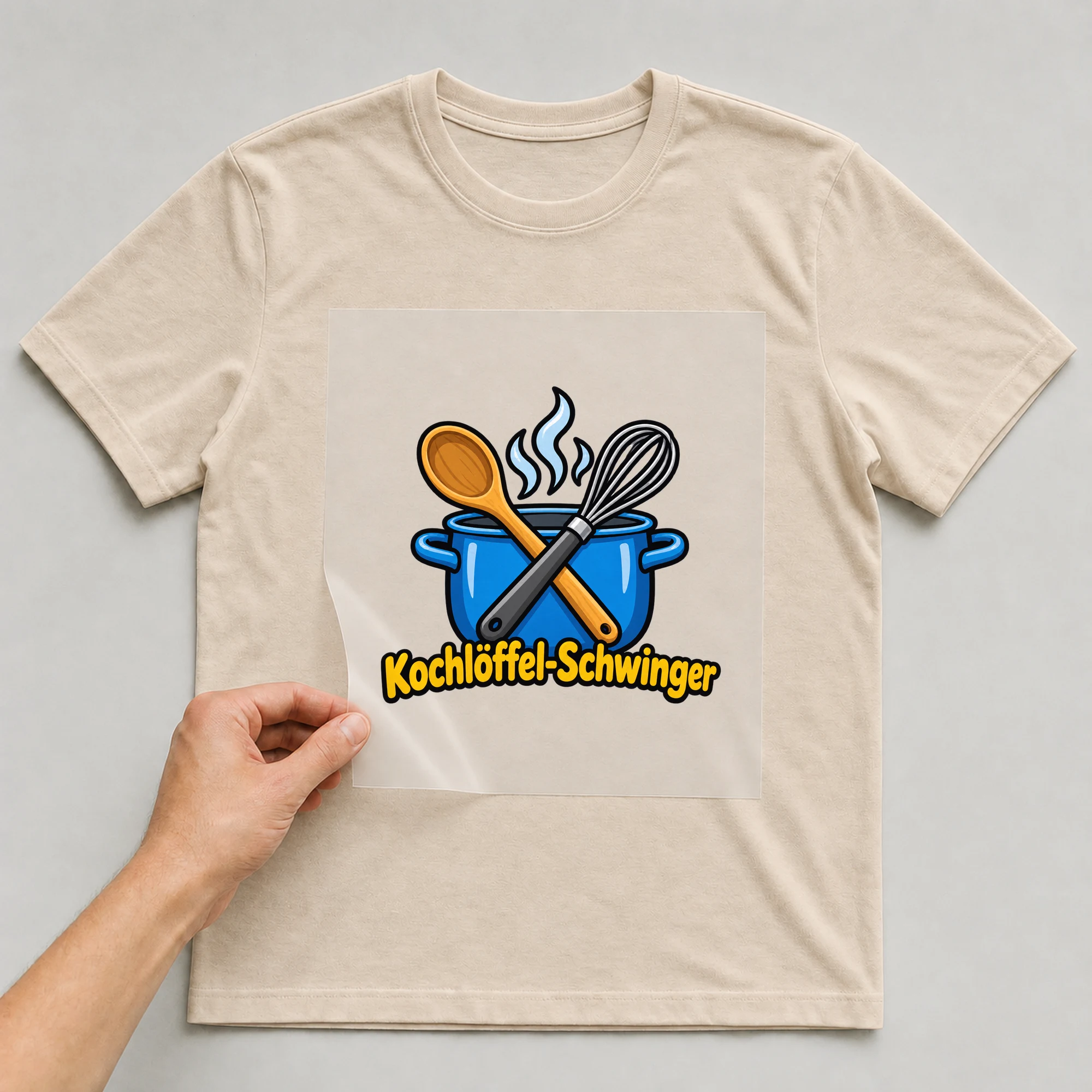 Bügelbild „Kochlöffel-Schwinger“ auf beigem T-Shirt, Folie wird aufgelegt