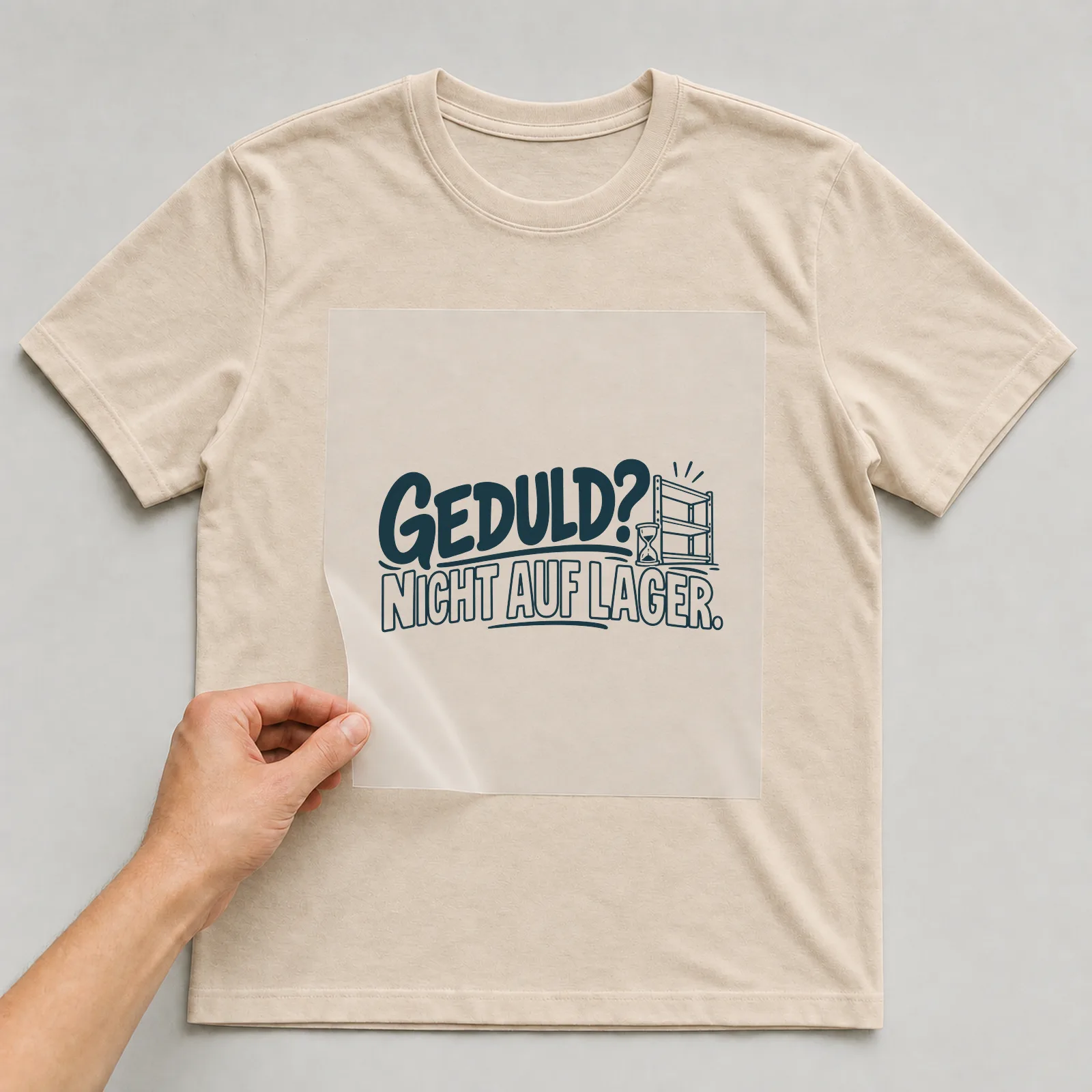 Bügelbild „Geduld? Nicht auf Lager.“ auf beigem T-Shirt, Folie wird aufgelegt