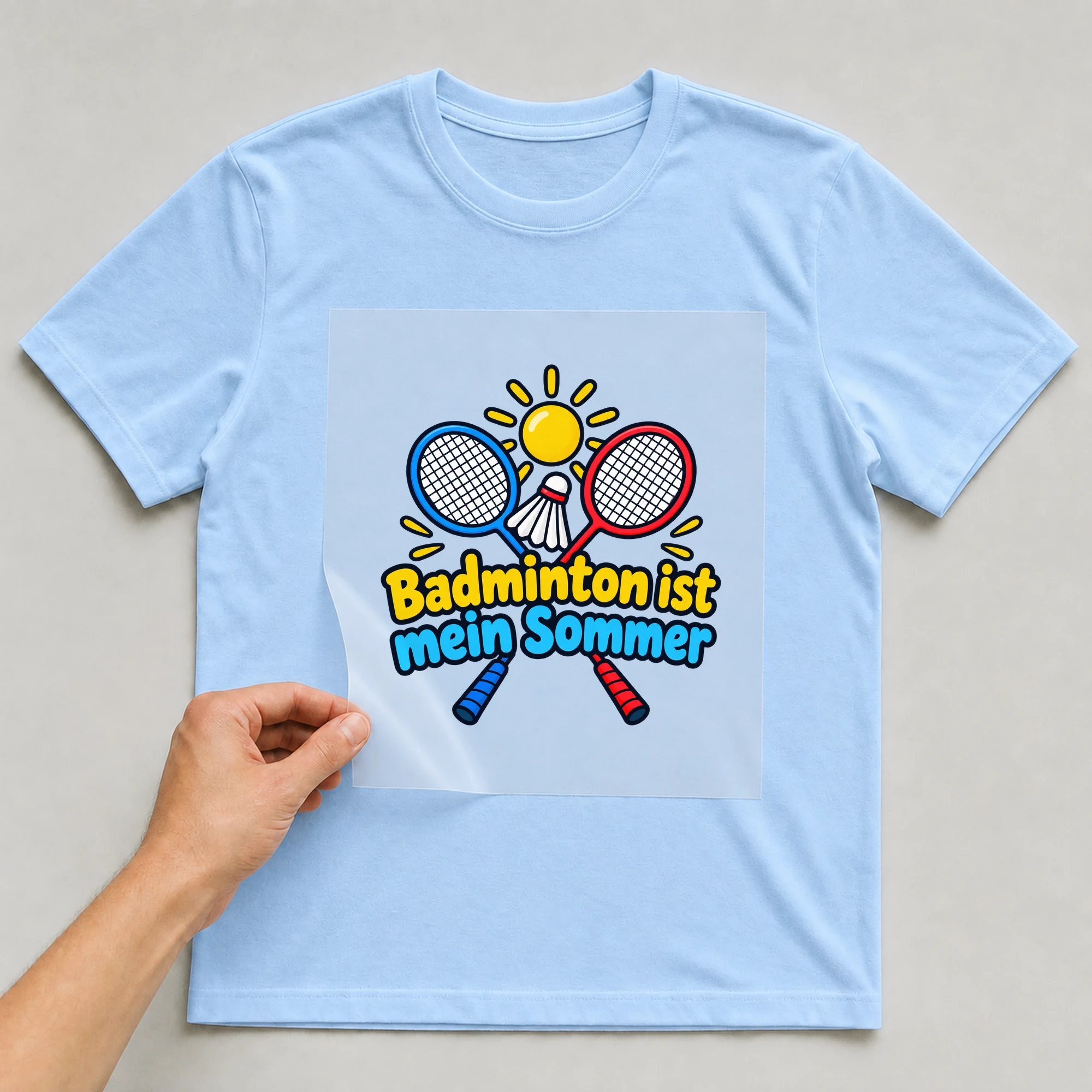 Bügelbild „Badminton ist mein Sommer“ auf babyblauem T-Shirt, Folie wird aufgelegt