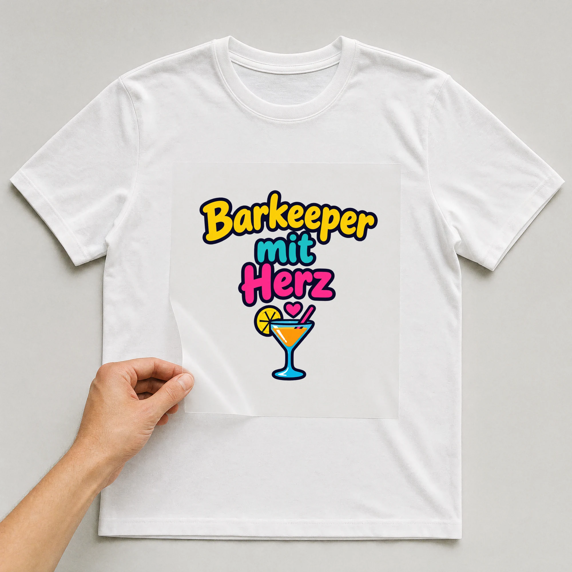 Bügelbild „Barkeeper mit Herz“ auf weißem T-Shirt, Folie wird aufgelegt