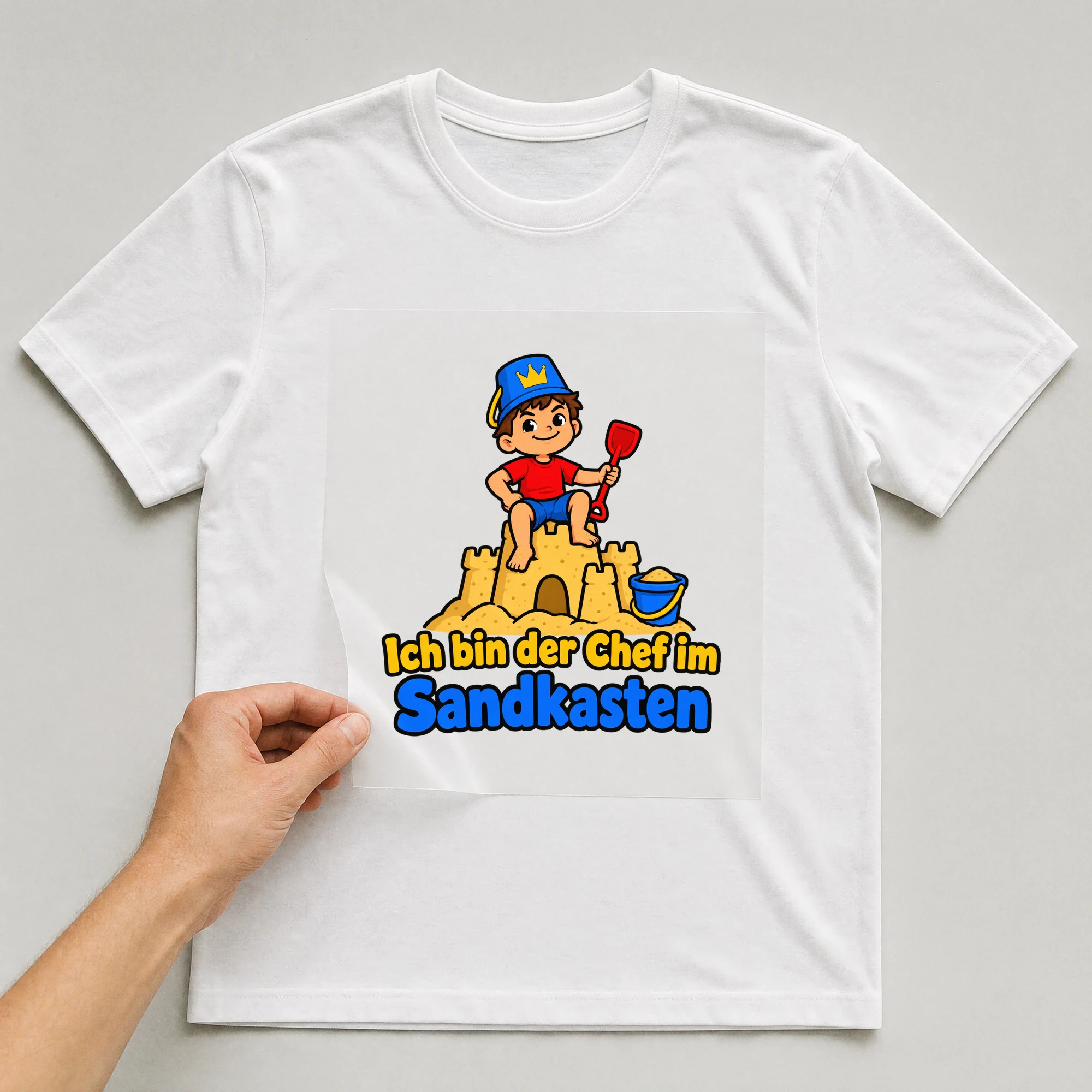Bügelbild „Ich bin der Chef im Sandkasten“ auf weißem T-Shirt, Folie wird aufgelegt
