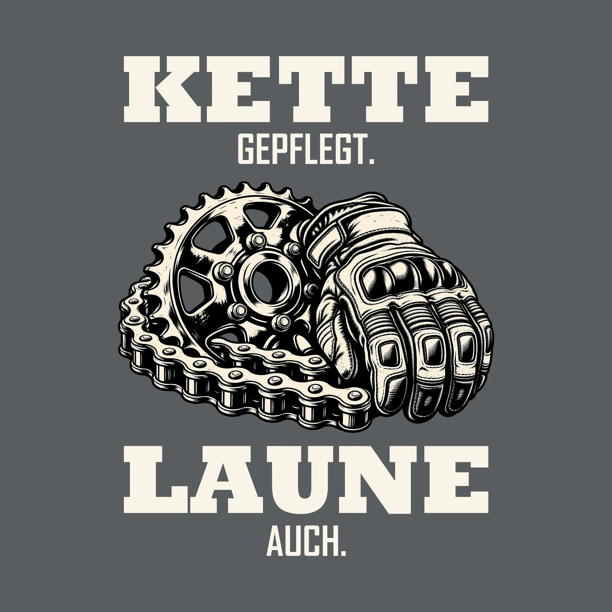 Bügelbild KETTE GEPFLEGT. LAUNE AUCH. als Grafik auf dunklem Hintergrund (BB012744)