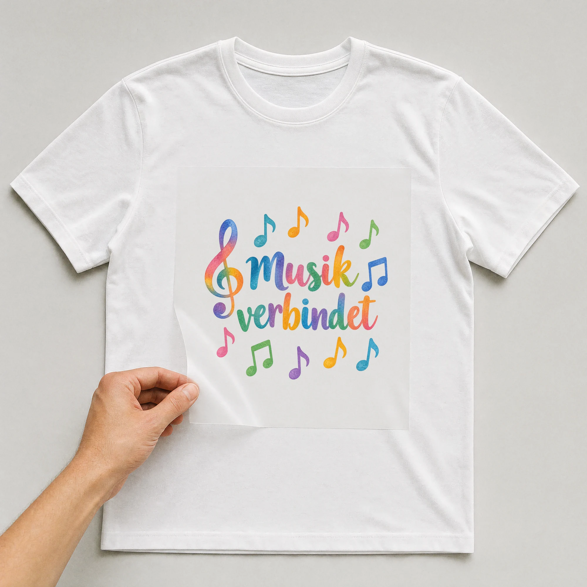 Bügelbild „Musik verbindet“ auf weißem T-Shirt, Folie wird aufgelegt