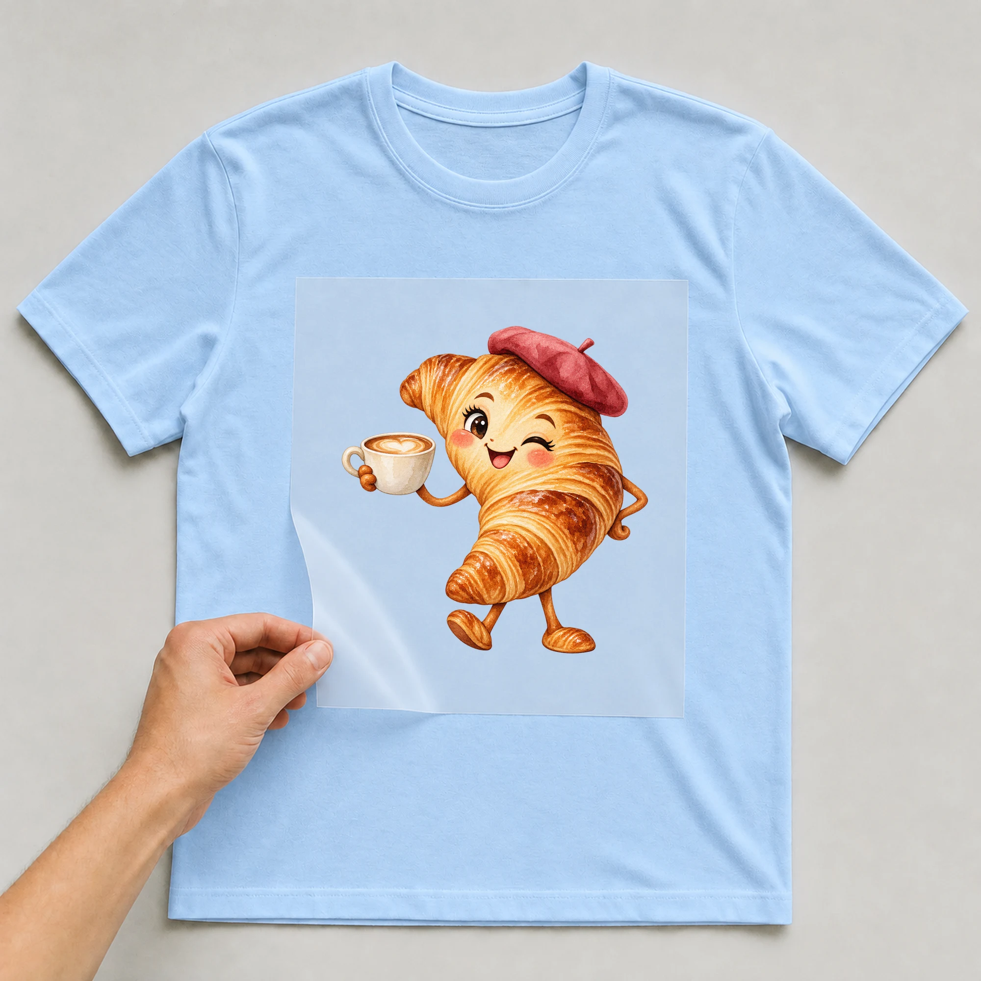 Bügelbild „Croissant in Paris“ auf babyblauem T-Shirt, Folie wird aufgelegt