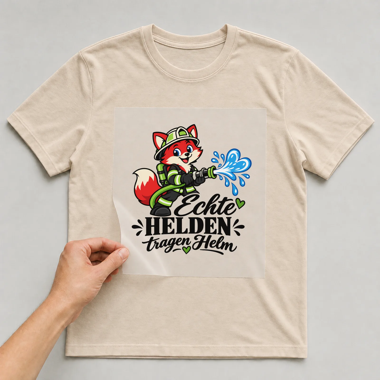 Bügelbild „Echte Helden tragen Helm“ auf beigem T-Shirt, Folie wird aufgelegt
