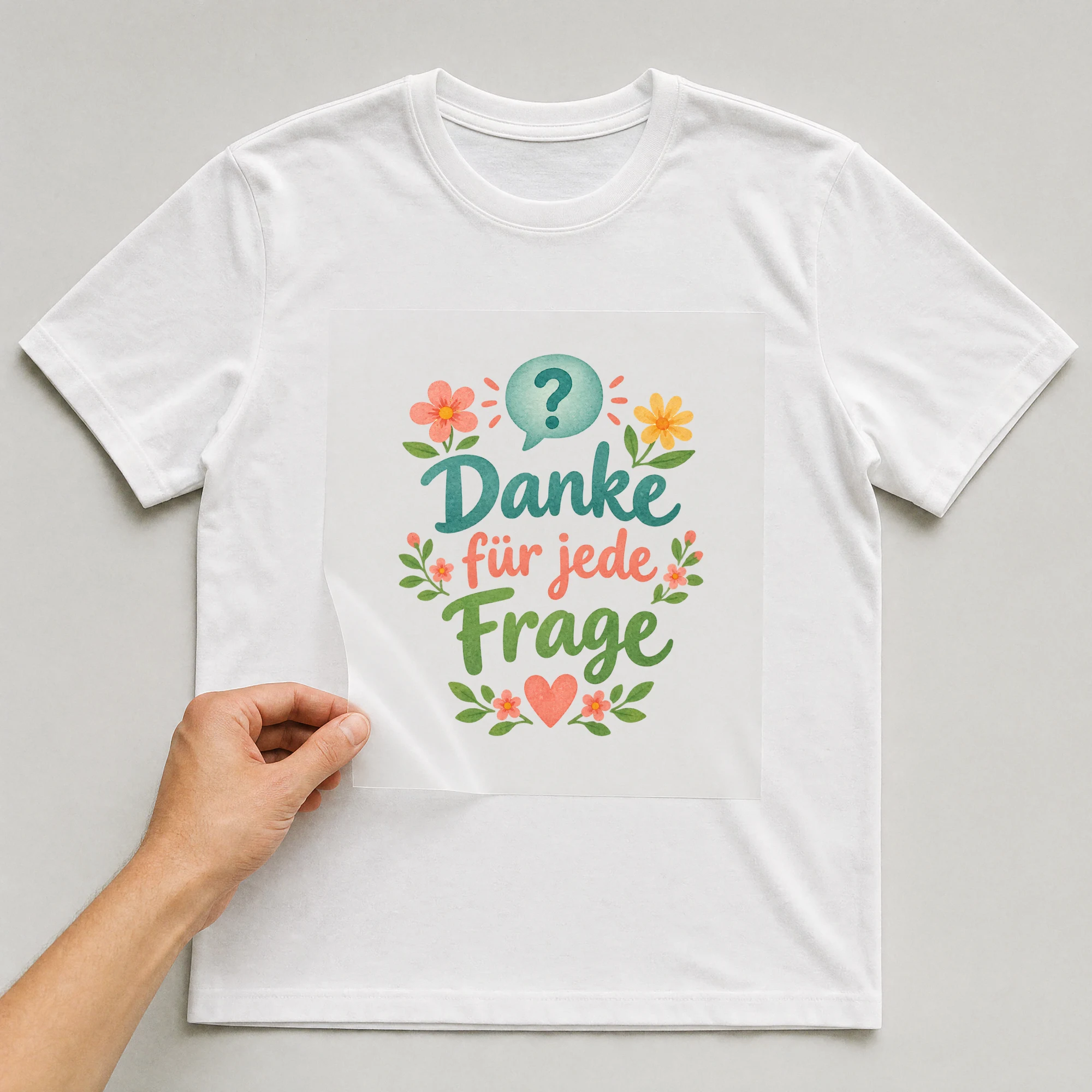 Bügelbild „Danke für jede Frage“ auf weißem T-Shirt, Folie wird aufgelegt
