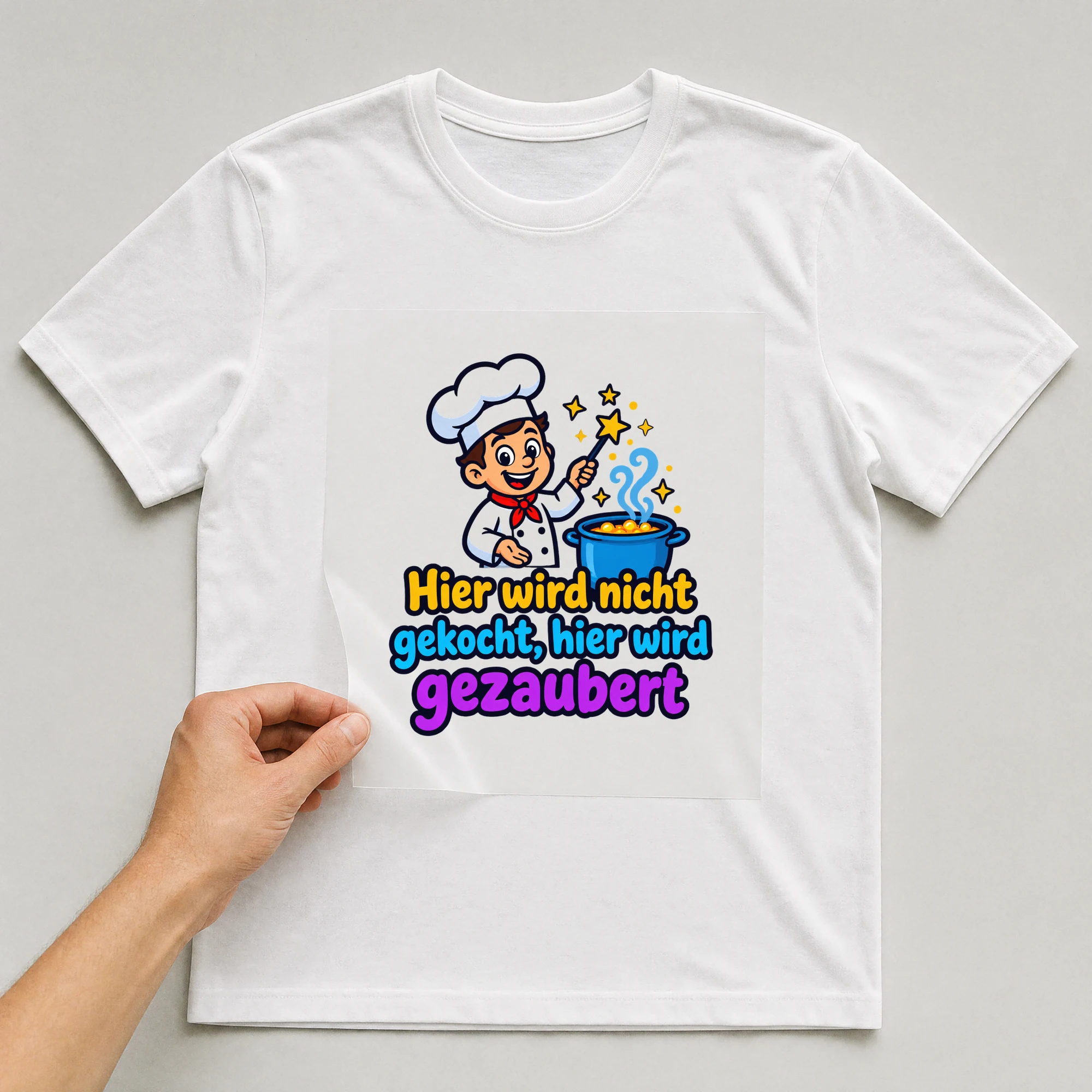 Bügelbild „Hier wird nicht gekocht, hier wird gezaubert“ auf weißem T-Shirt, Folie wird aufgelegt