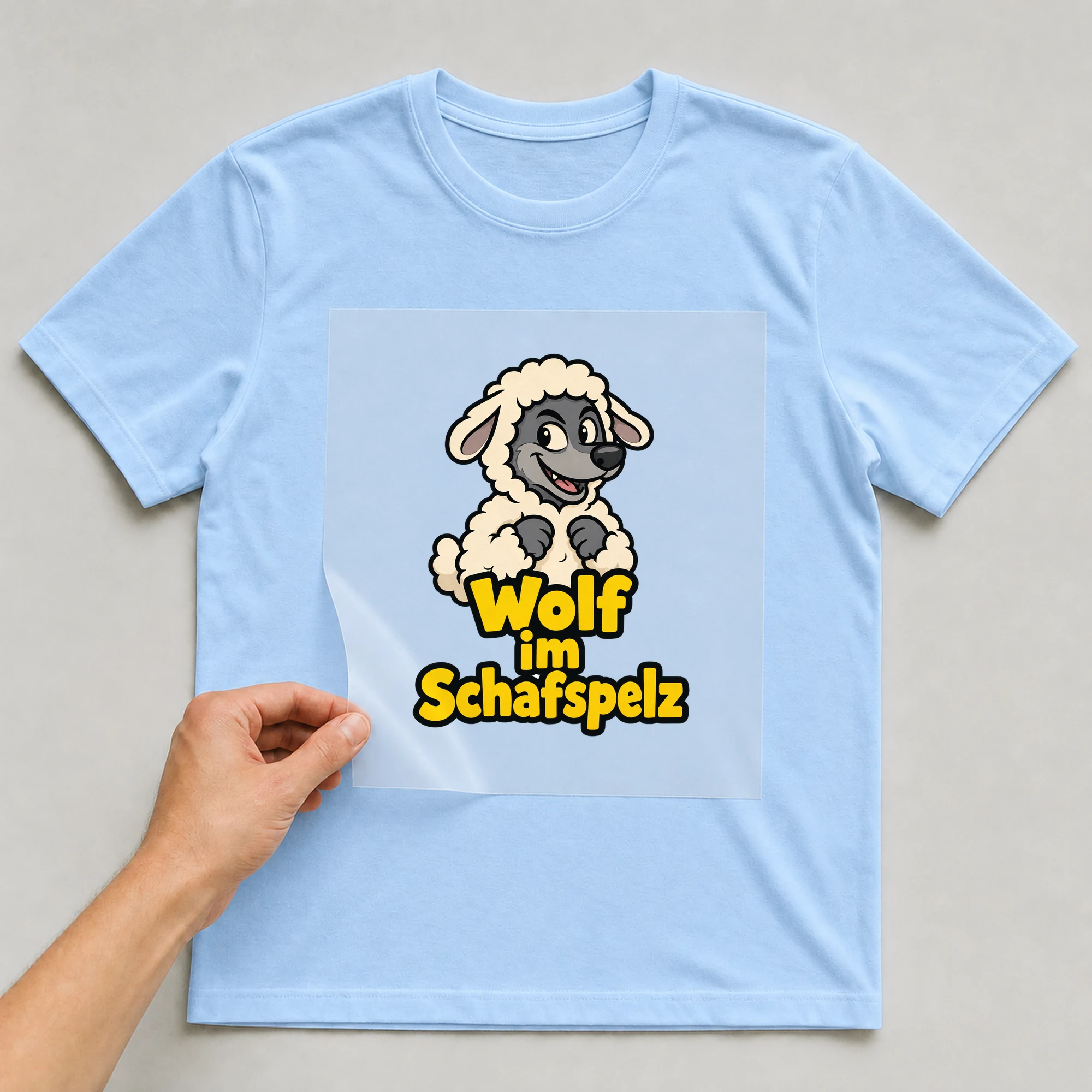 Bügelbild „Wolf im Schafspelz“ auf babyblauem T-Shirt, Folie wird aufgelegt