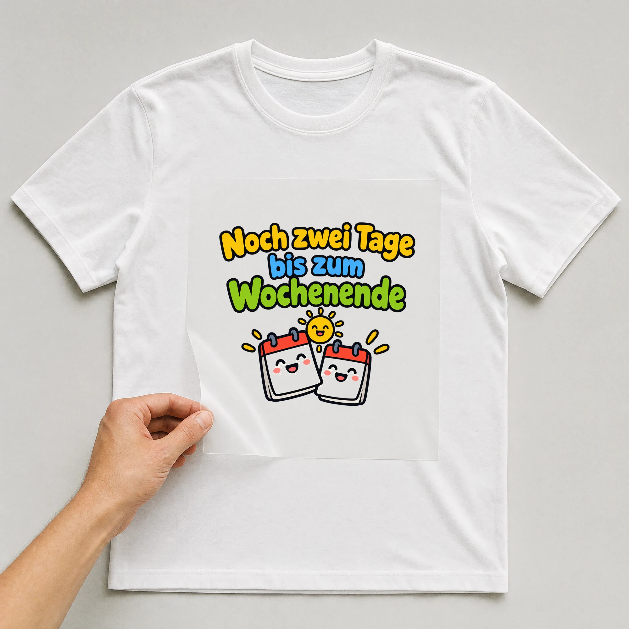 Bügelbild „Noch zwei Tage bis zum Wochenende“ auf weißem T-Shirt, Folie wird aufgelegt