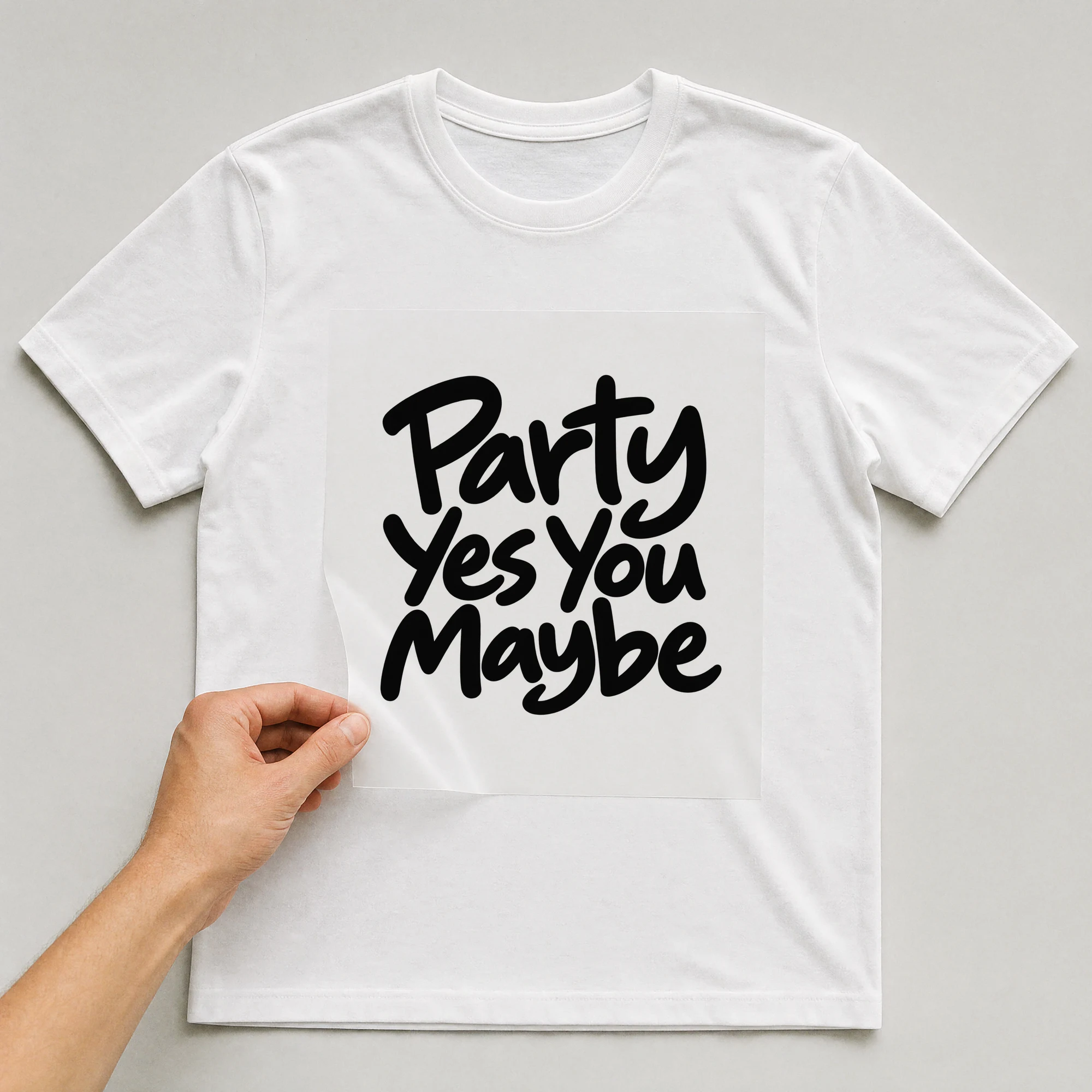 Bügelbild „Party Yes You Maybe“ auf weißem T-Shirt, Folie wird aufgelegt