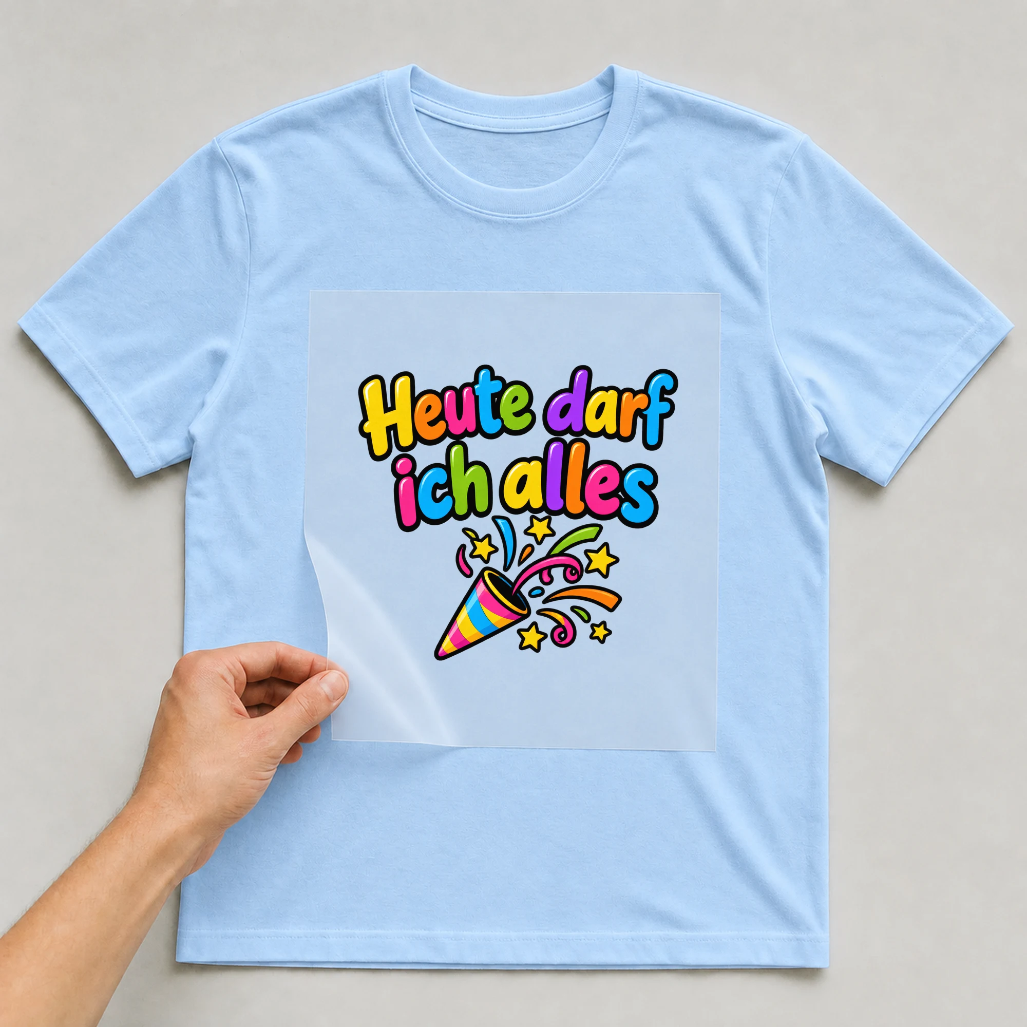 Bügelbild „Heute darf ich alles“ auf babyblauem T-Shirt, Folie wird aufgelegt