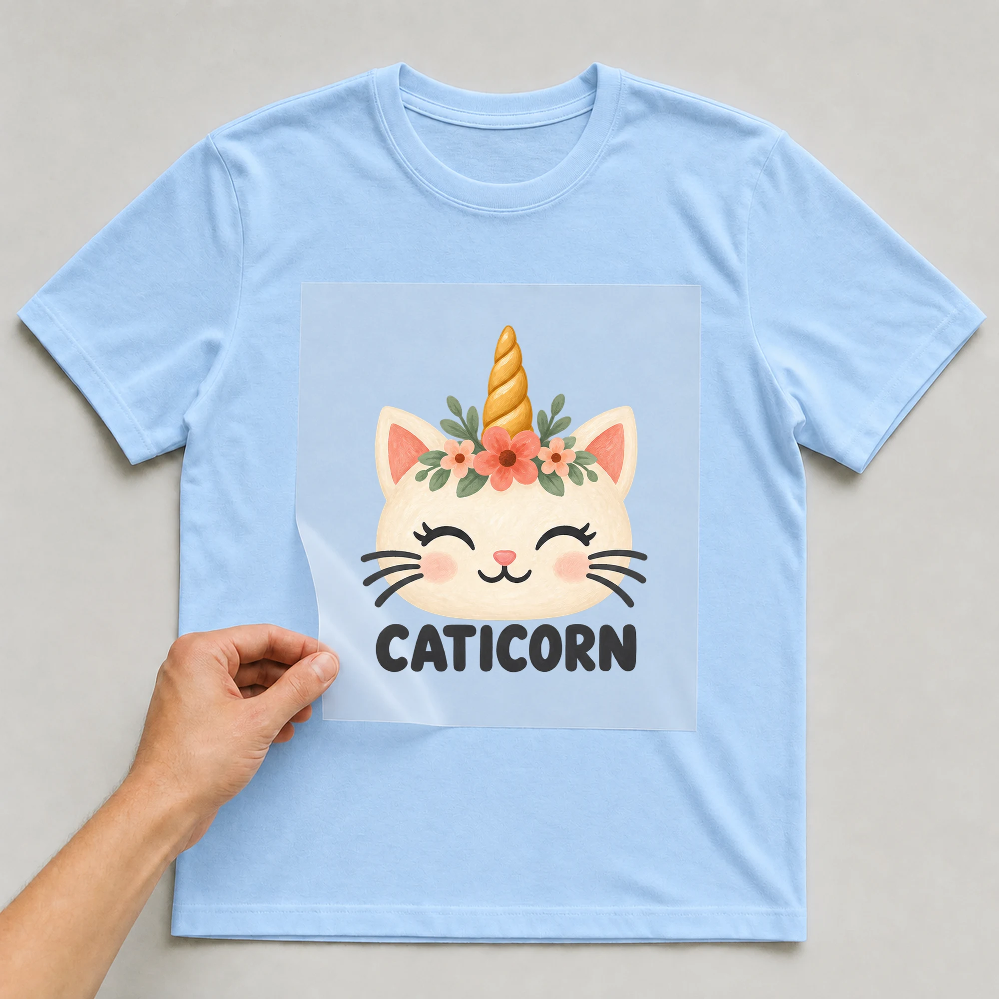 Bügelbild „Caticorn“ auf babyblauem T-Shirt, Folie wird aufgelegt