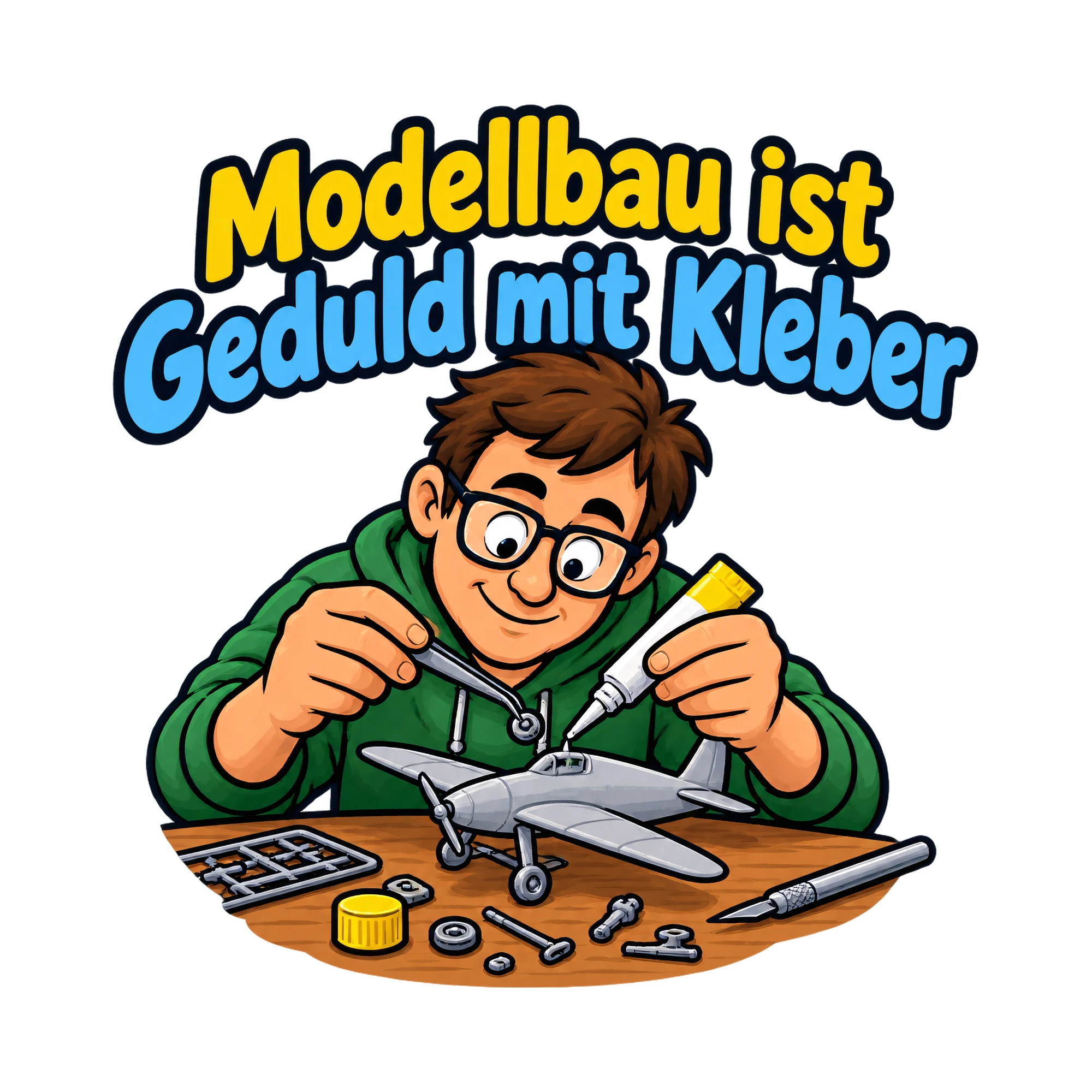 Bügelbild Modellbau ist Geduld mit Kleber als Grafik auf weißem Hintergrund (BB019351)
