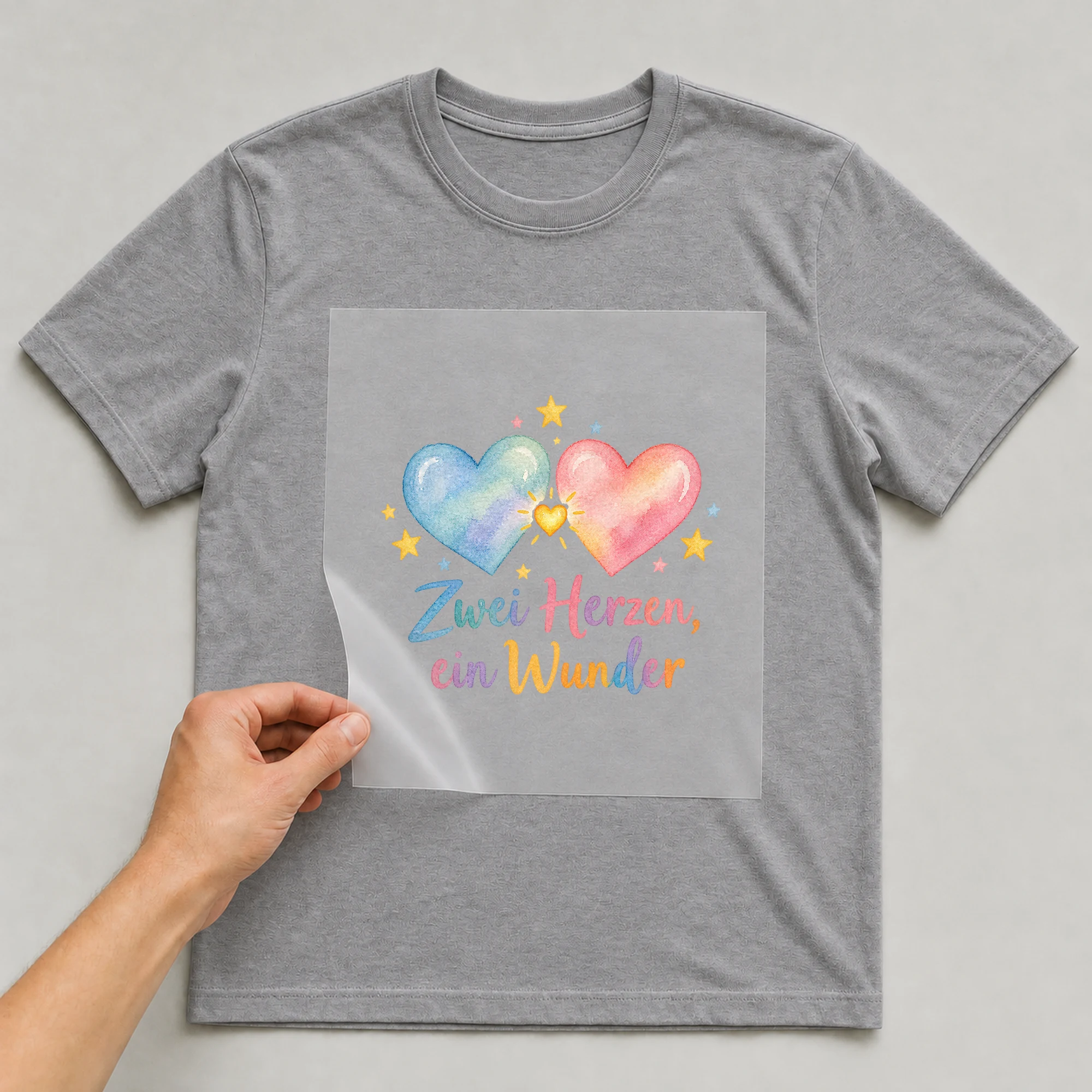 Bügelbild „Zwei Herzen, ein Wunder“ auf grauem T-Shirt, Folie wird aufgelegt