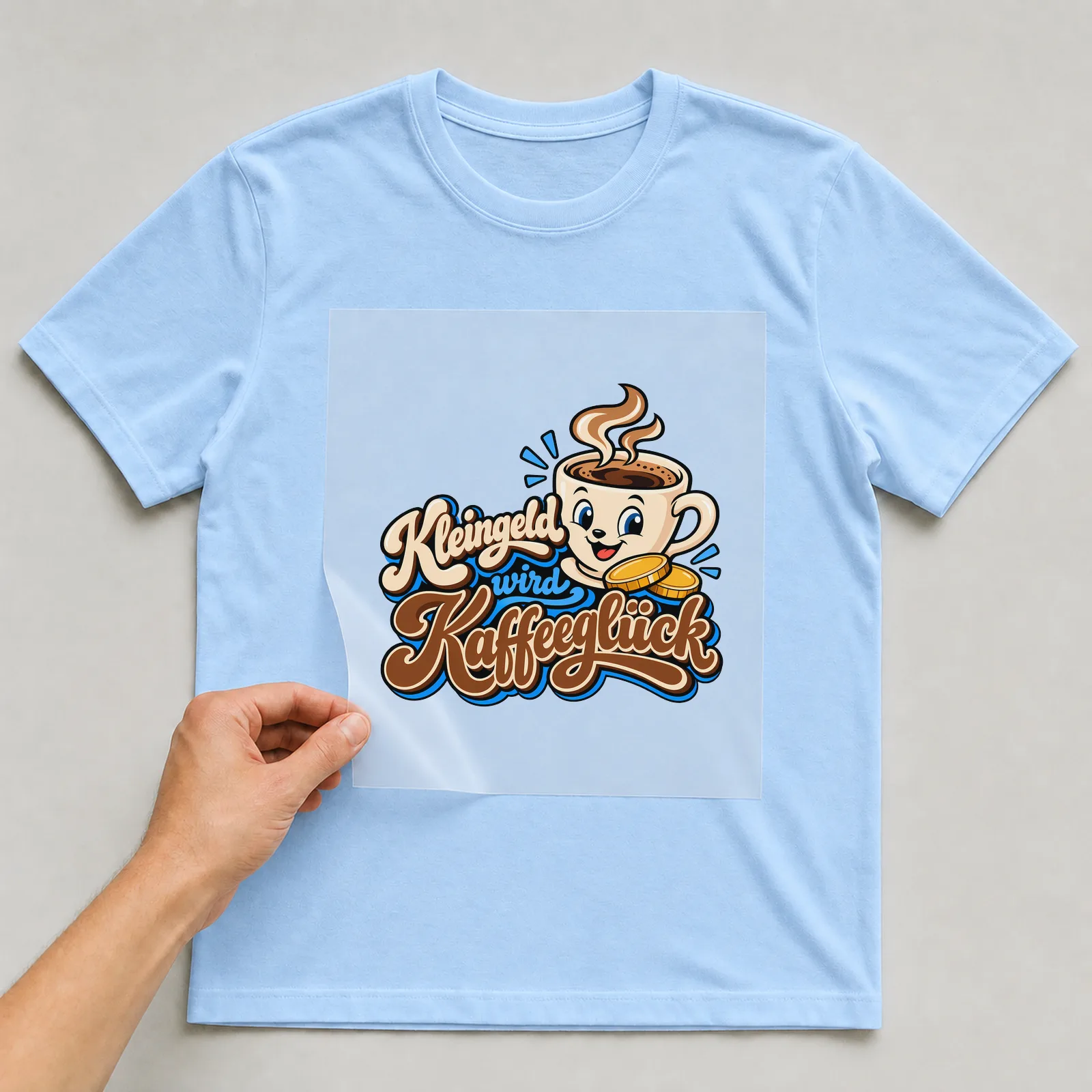 Bügelbild „Kleingeld wird Kaffeeglück“ auf hellblauem T-Shirt, Folie wird aufgelegt