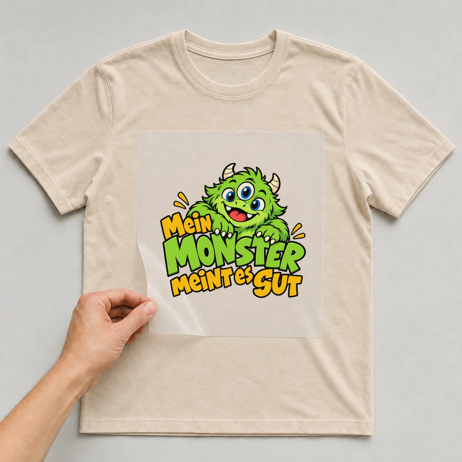 Bügelbild „Mein Monster meint es gut“ auf beigem T-Shirt, Folie wird aufgelegt