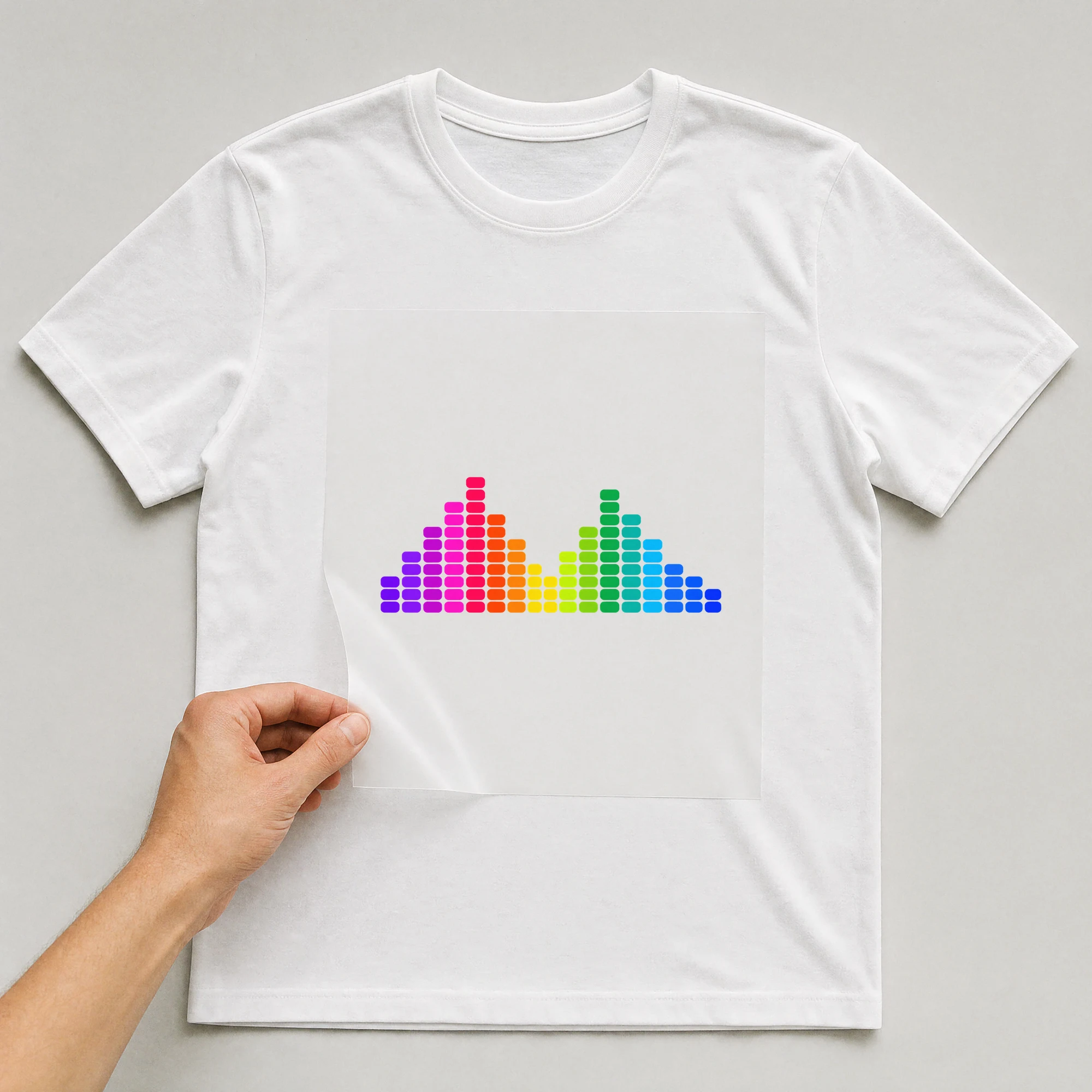 Bügelbild „Regenbogen Soundbars“ auf weißem T-Shirt, Folie wird aufgelegt