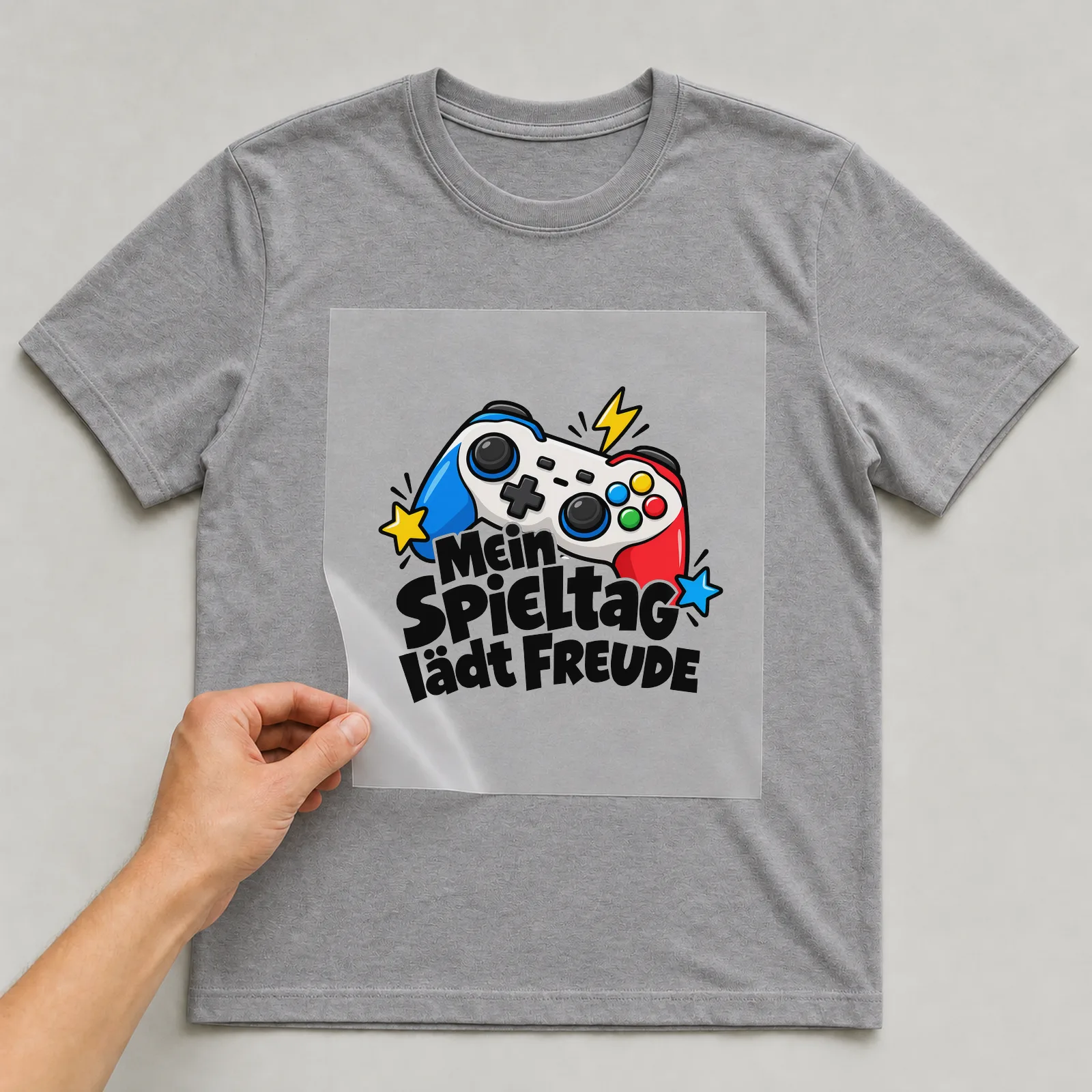 Bügelbild „Mein Spieltag lädt Freude“ auf grauem T-Shirt, Folie wird aufgelegt
