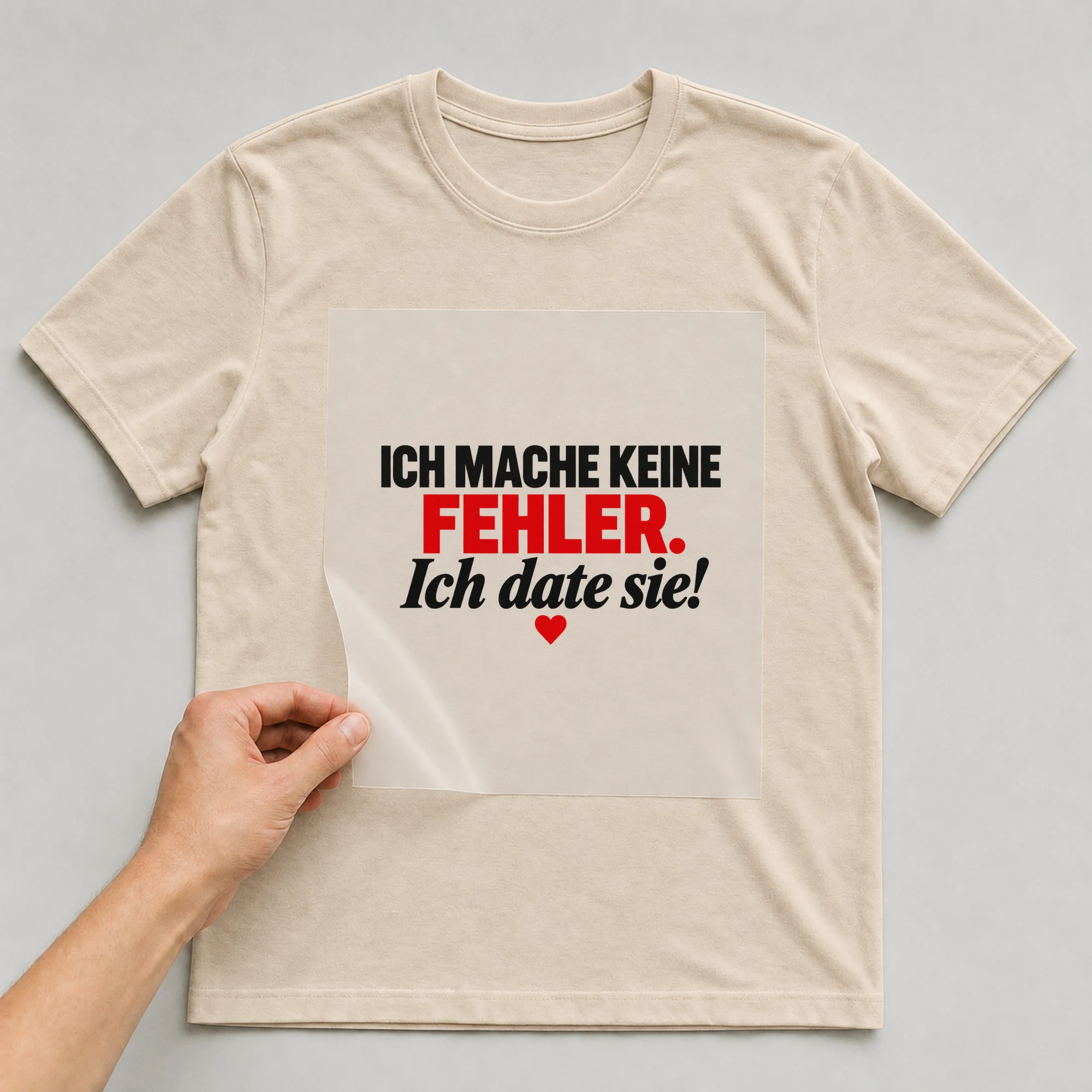 Bügelbild „Ich mache keine Fehler. Ich date sie!“ auf beigem T-Shirt, Folie wird aufgelegt