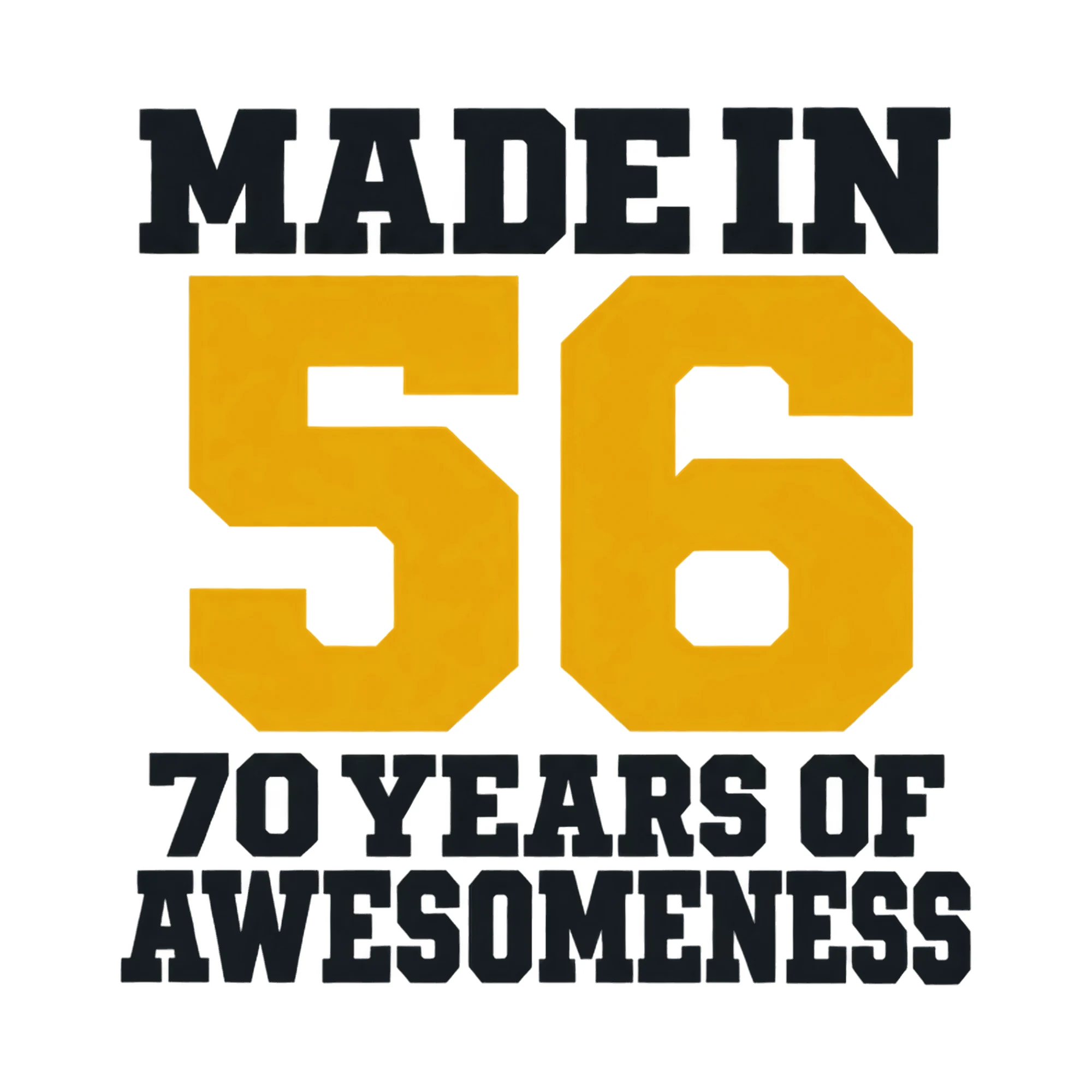Bügelbild Made In 56 70 Years Of Awesomeness, Geburtstagsshirt Spruch als Grafik auf weißem Hintergrund (BB017767)
