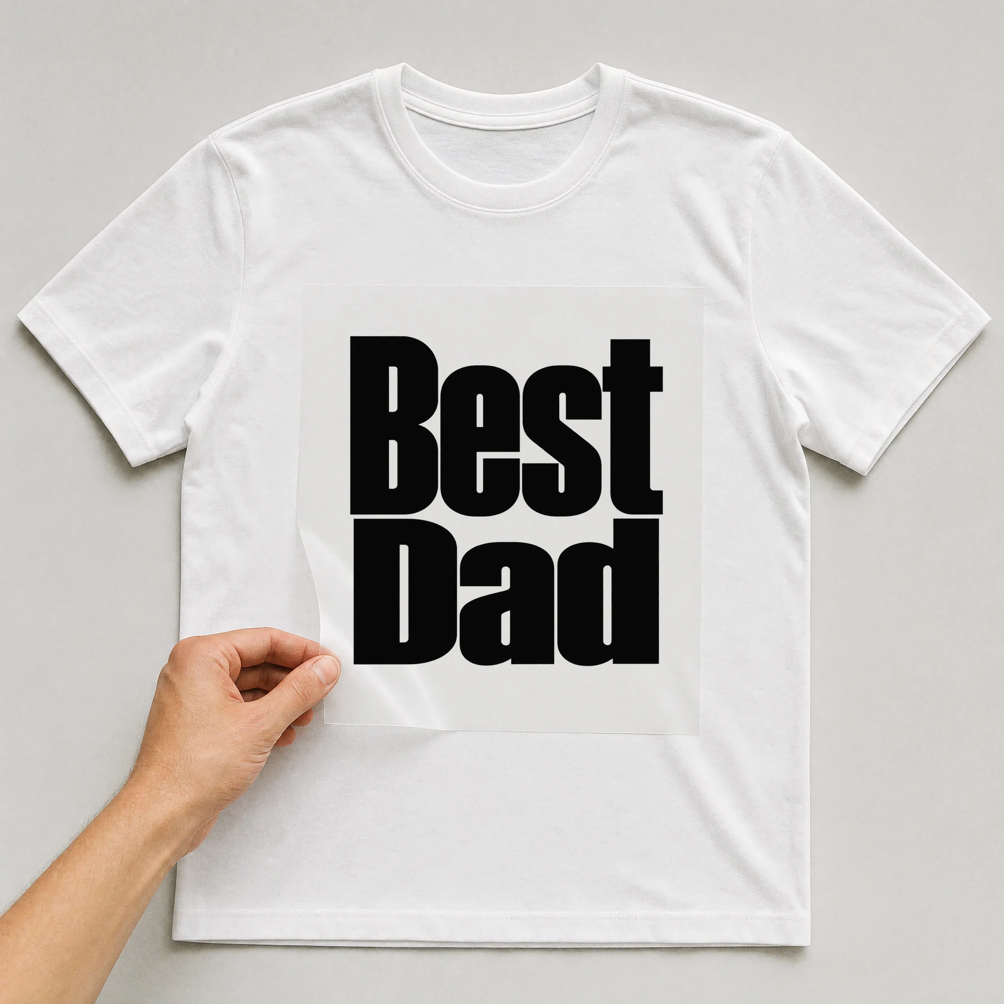 Bügelbild „Best Dad“ auf weißem T-Shirt, Folie wird aufgelegt