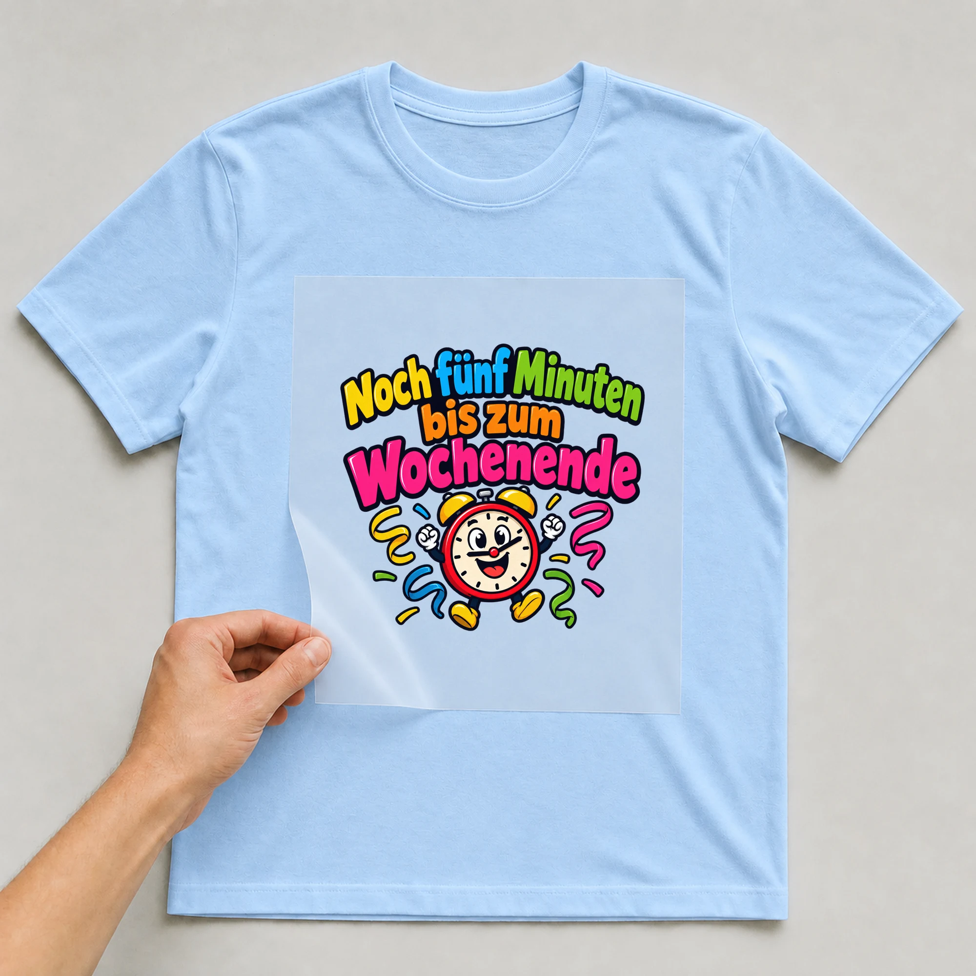 Bügelbild „Noch fünf Minuten bis zum Wochenende“ auf babyblauem T-Shirt, Folie wird aufgelegt