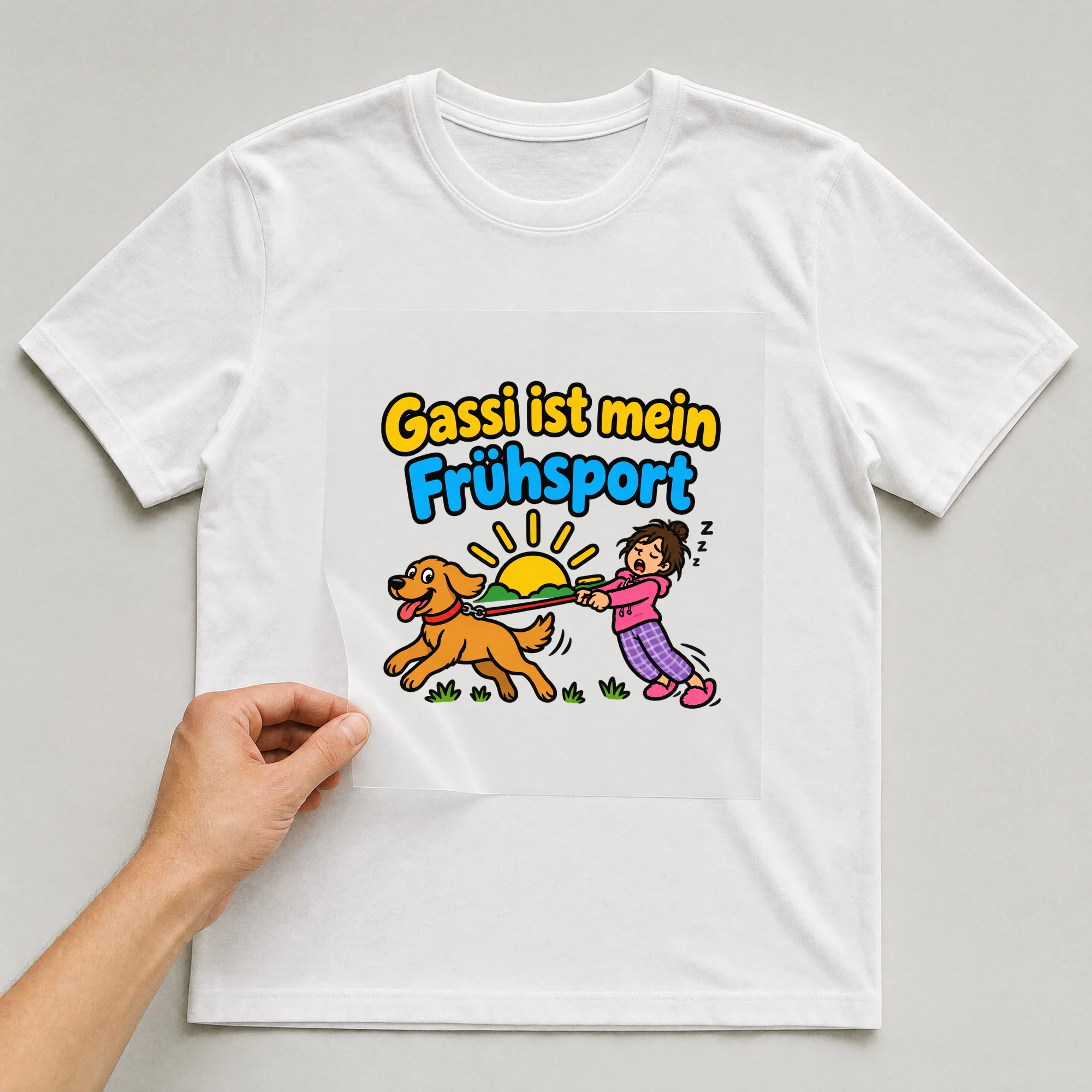 Bügelbild „Gassi ist mein Frühsport“ auf weißem T-Shirt, Folie wird aufgelegt
