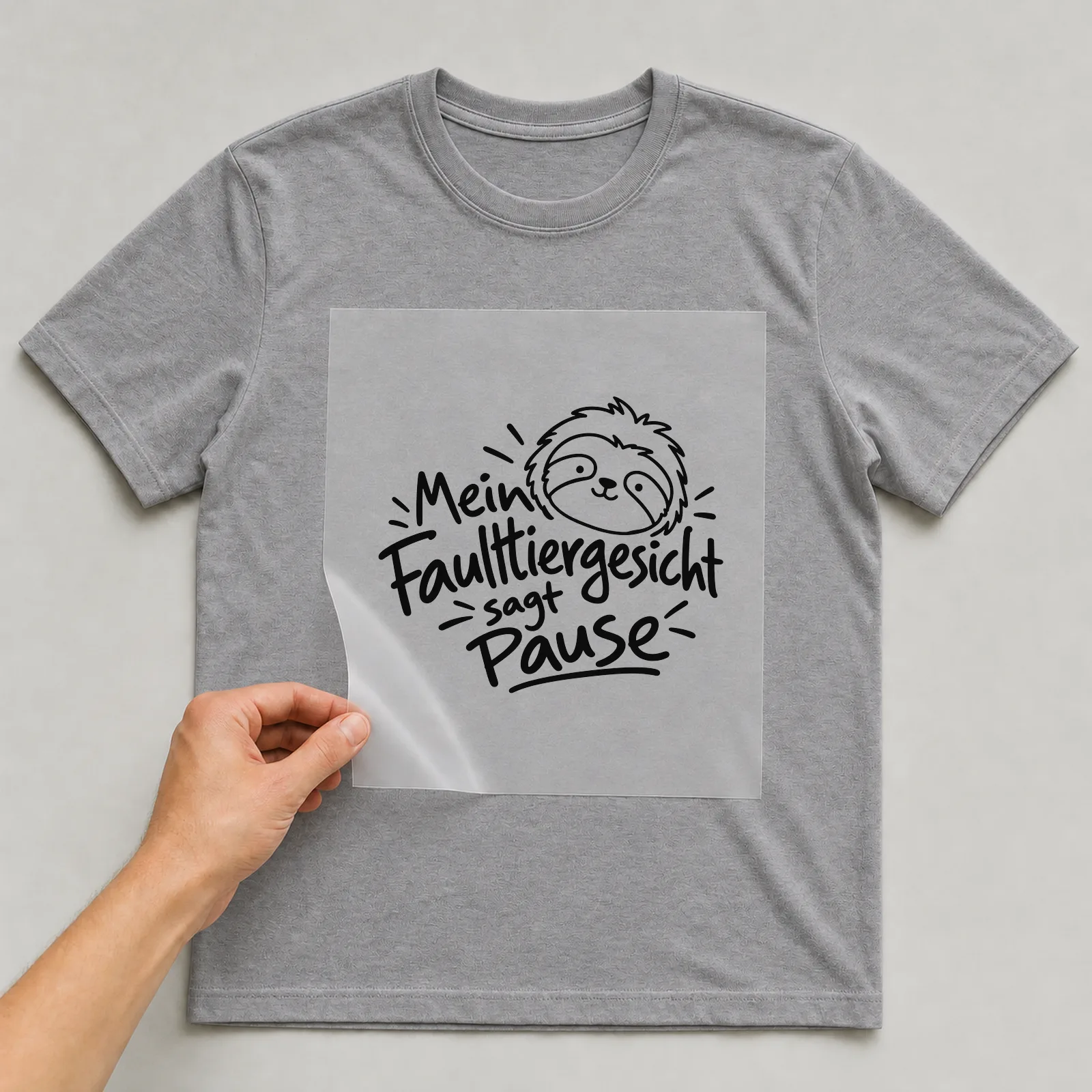 Bügelbild „Mein Faultiergesicht sagt Pause“ auf grauem T-Shirt, Folie wird aufgelegt