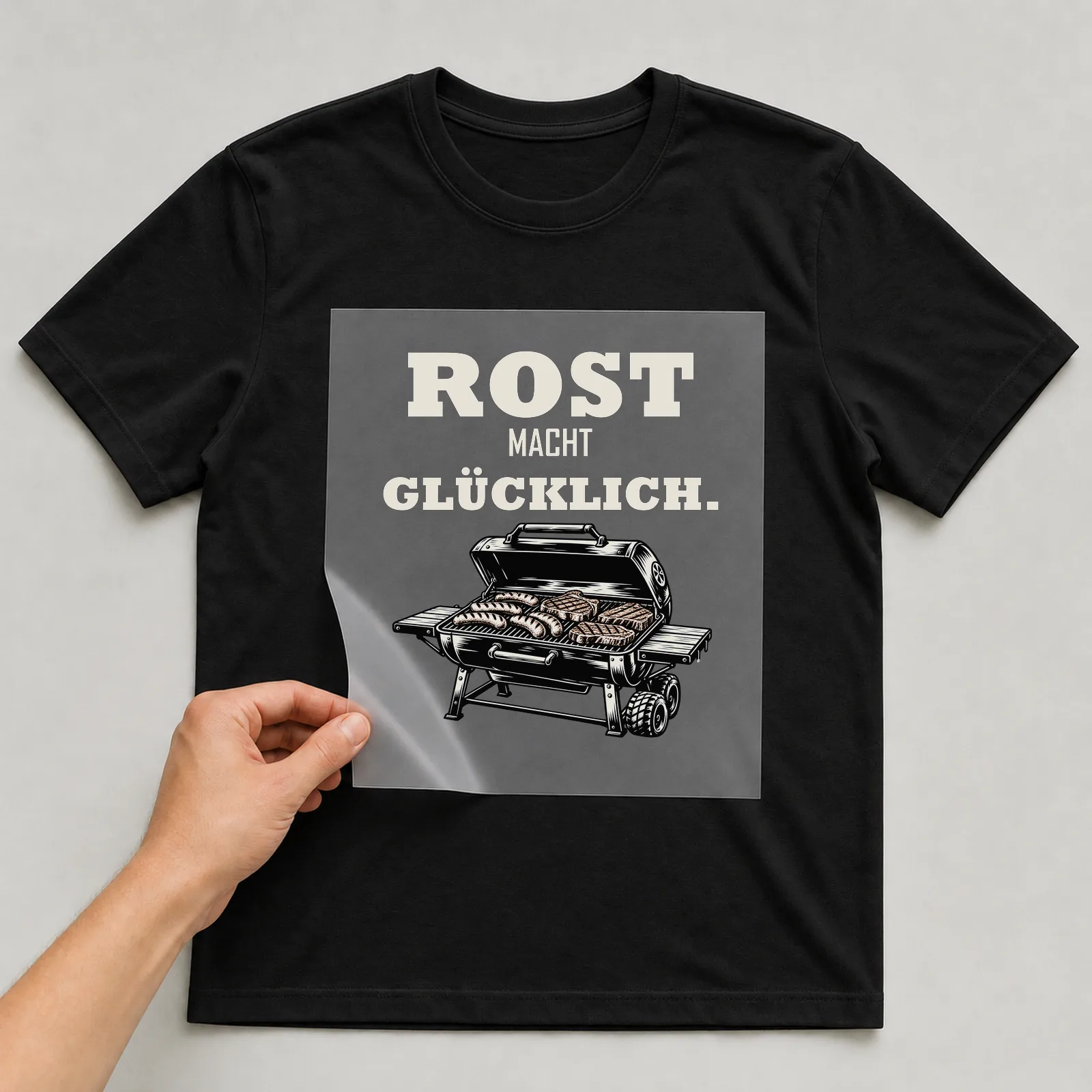 Bügelbild „Rost macht glücklich“ auf schwarzem T-Shirt, Folie wird aufgelegt