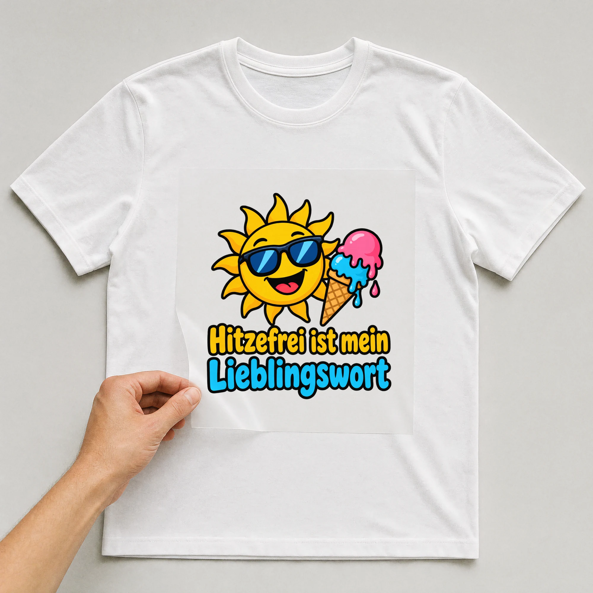 Bügelbild „Hitzefrei ist mein Lieblingswort“ auf weißem T-Shirt, Folie wird aufgelegt