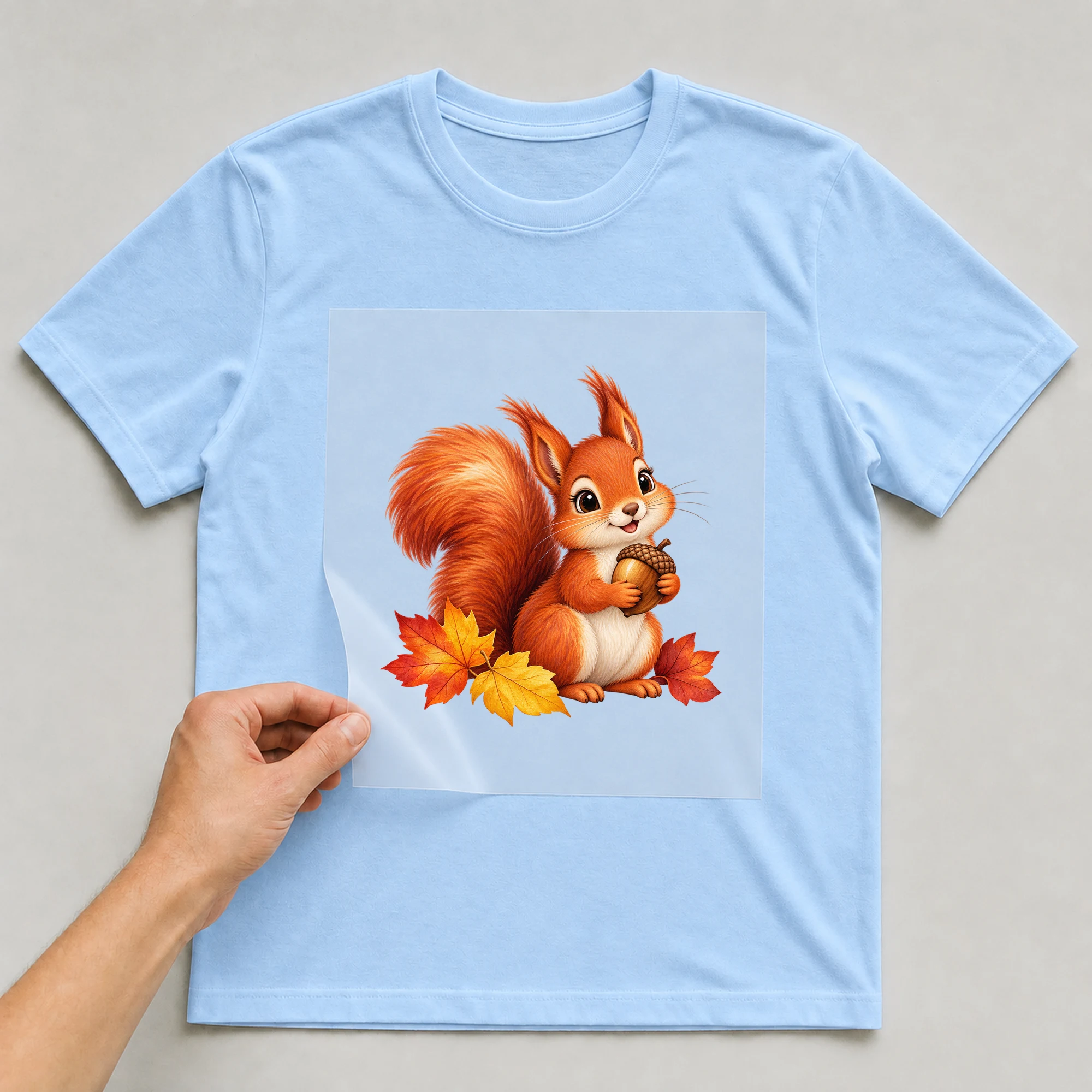 Bügelbild „Eichhörnchen im Herbst“ auf babyblauem T-Shirt, Folie wird aufgelegt