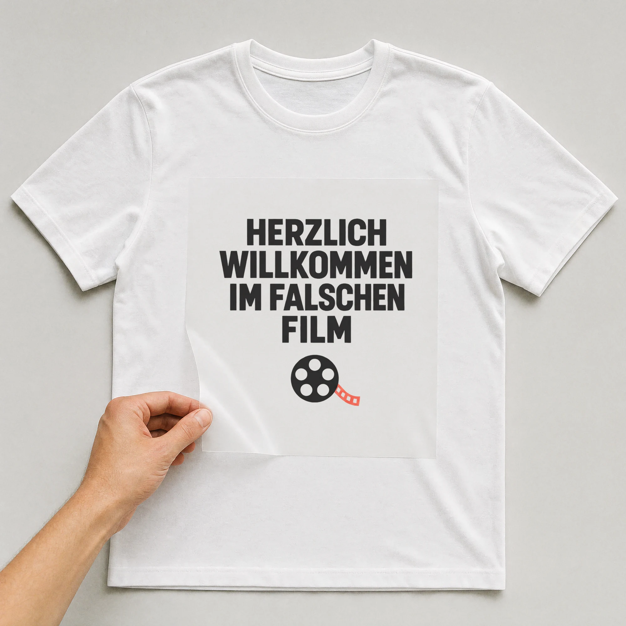 Bügelbild „HERZLICH WILLKOMMEN IM FALSCHEN FILM“ auf weißem T-Shirt, Folie wird aufgelegt