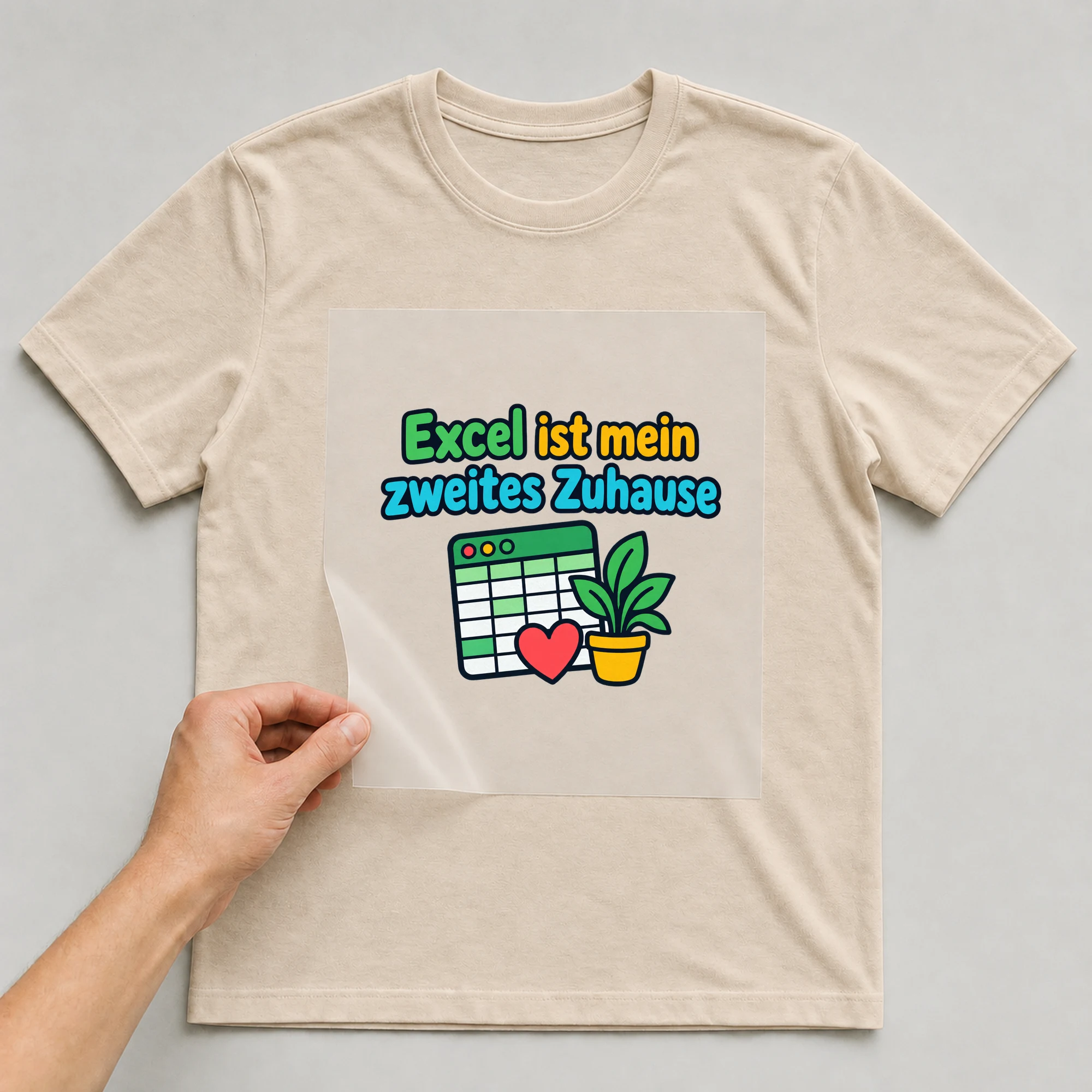 Bügelbild „Excel ist mein zweites Zuhause“ auf beigem T-Shirt, Folie wird aufgelegt