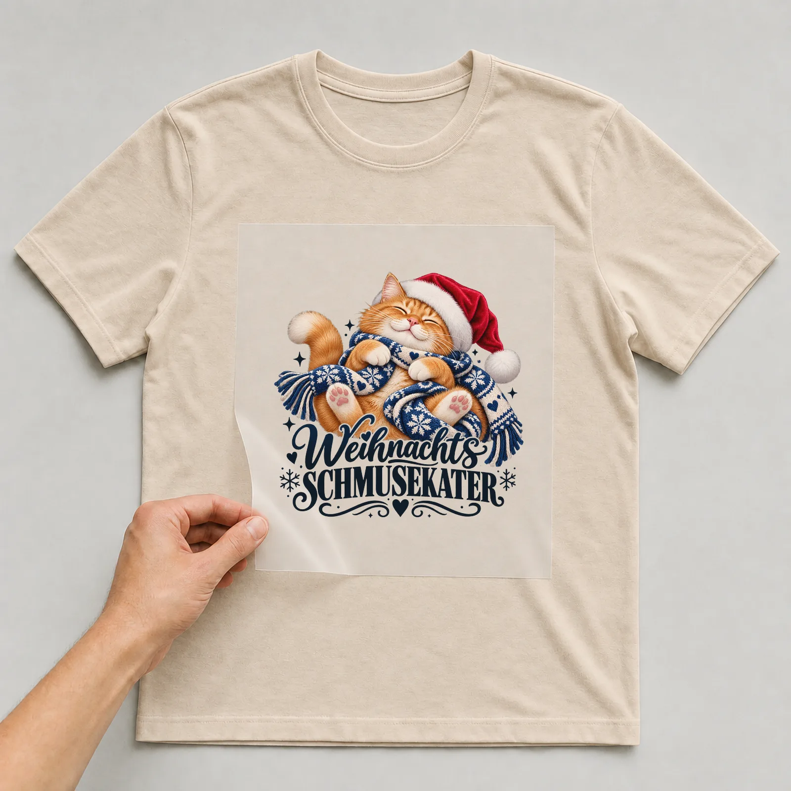 Bügelbild „Weihnachts-Schmusekater“ auf beigem T-Shirt, Folie wird aufgelegt