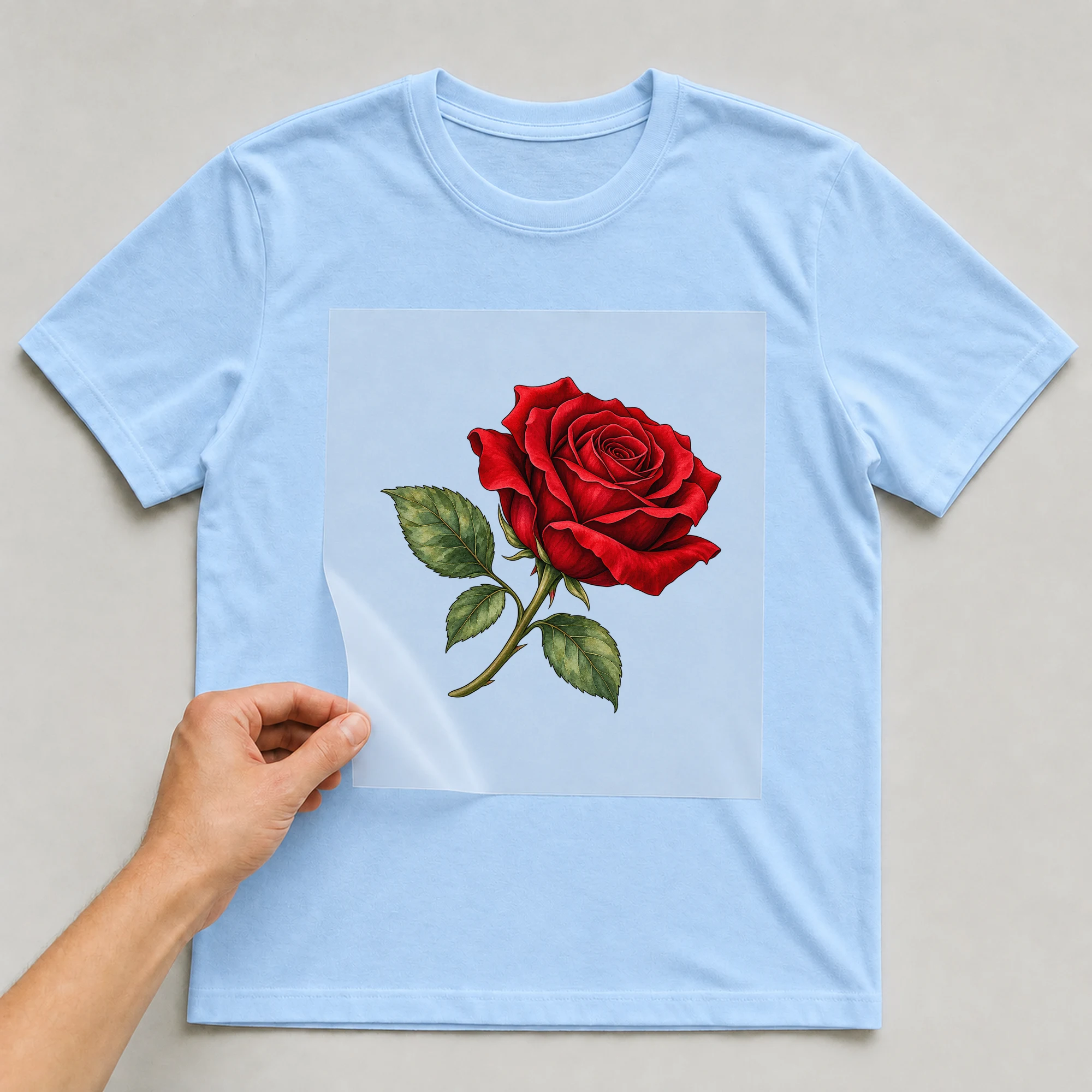 Bügelbild „Rote Rose“ auf babyblauem T-Shirt, Folie wird aufgelegt
