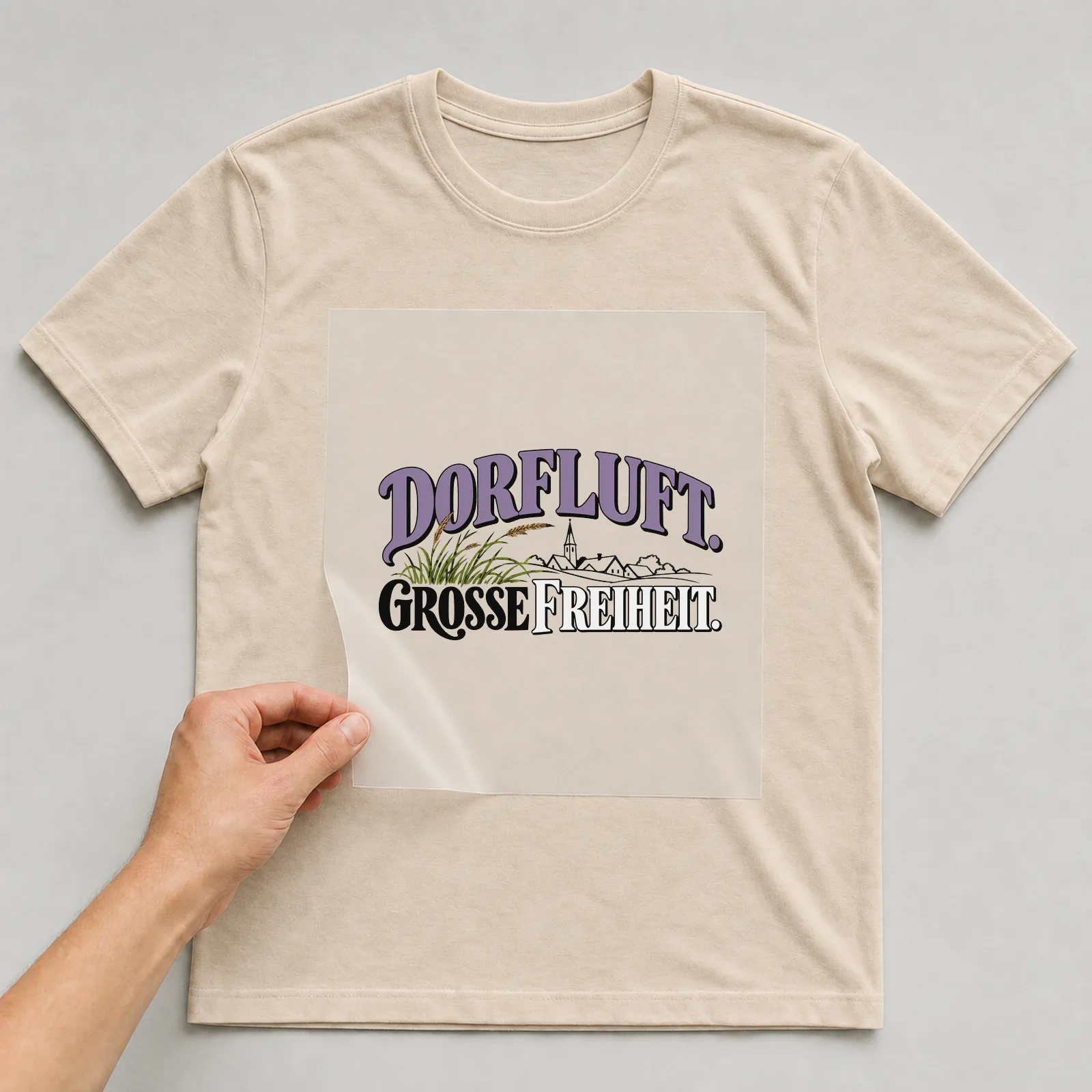 Bügelbild „Dorfluft. Große Freiheit.“ auf beigem T-Shirt, Folie wird aufgelegt