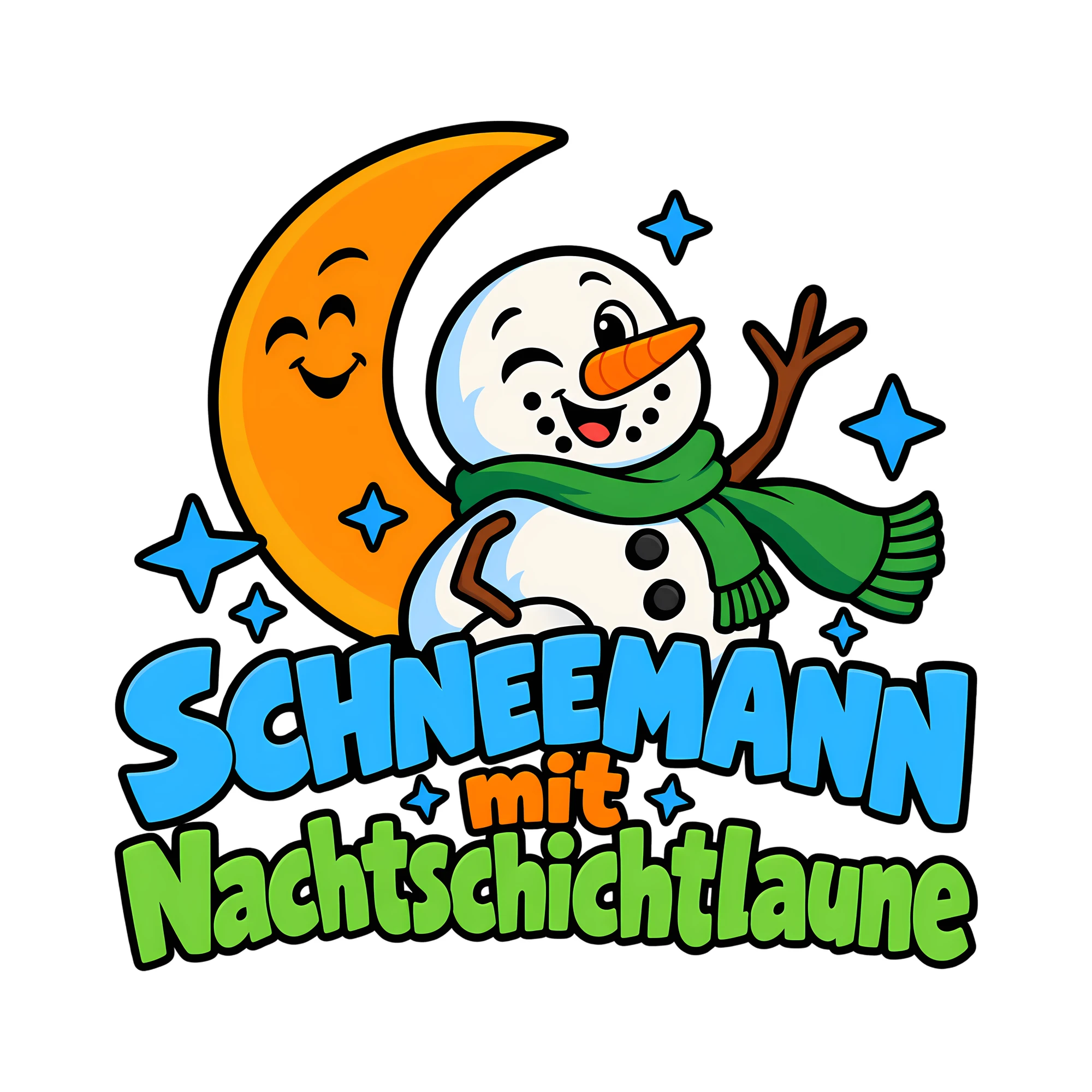 Bügelbild Schneemann mit Nachtschichtlaune als Grafik auf weißem Hintergrund (BB011750)