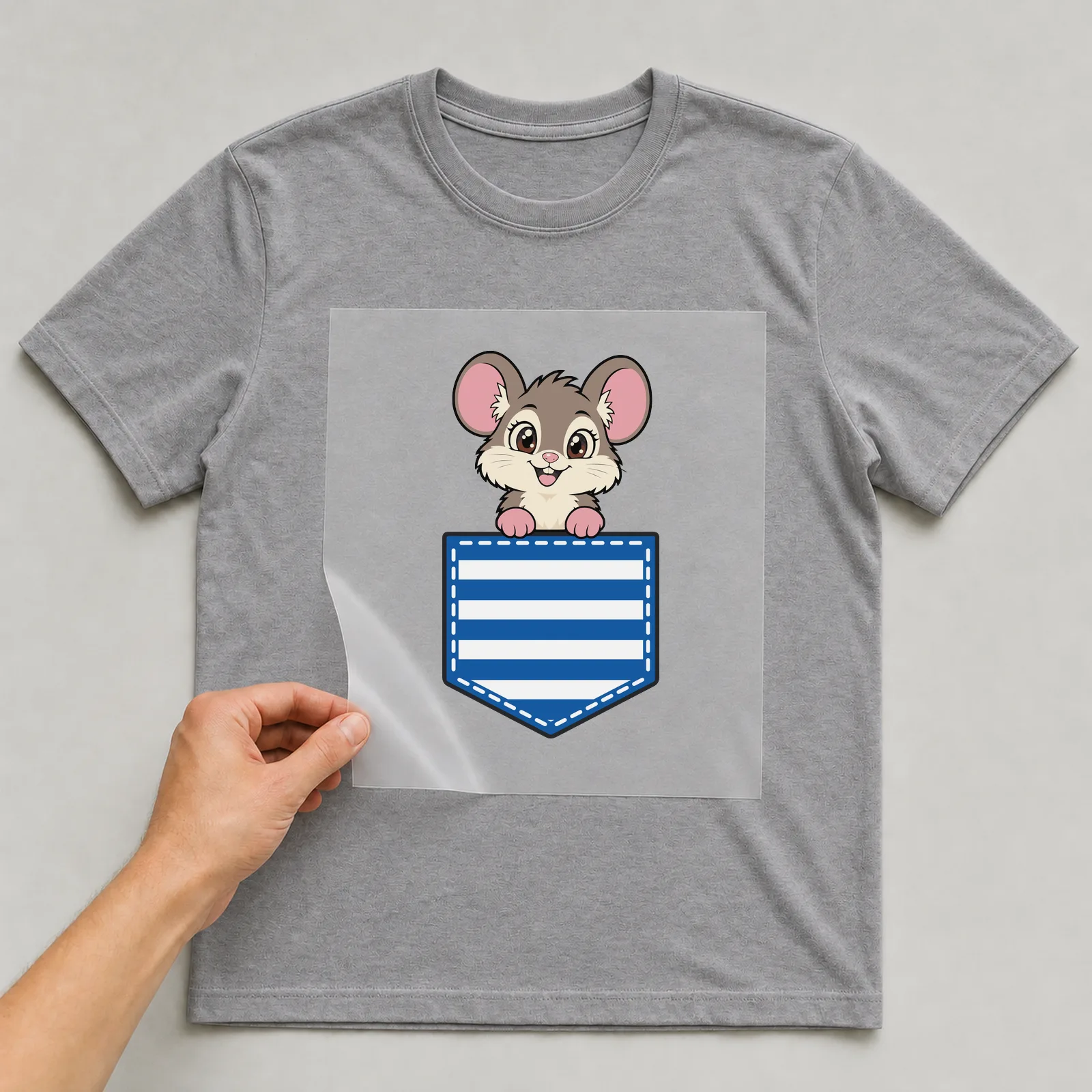 Bügelbild Brusttasche Maus auf grauem T-Shirt, Folie wird aufgelegt